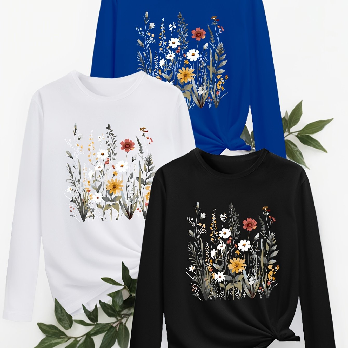 TEMU 3pcs Graphic Print T-shirts, Long Sleeve Crew Neck Casual Tops For Spring And Fall, Women's Clothing