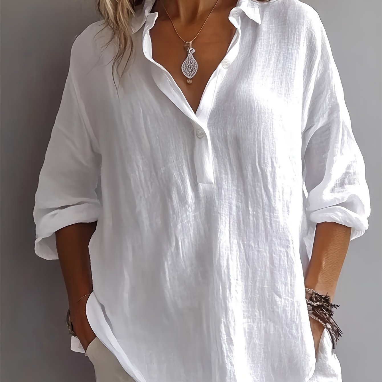 Loose Half-open Front 3/4 Sleeve Pullover Top