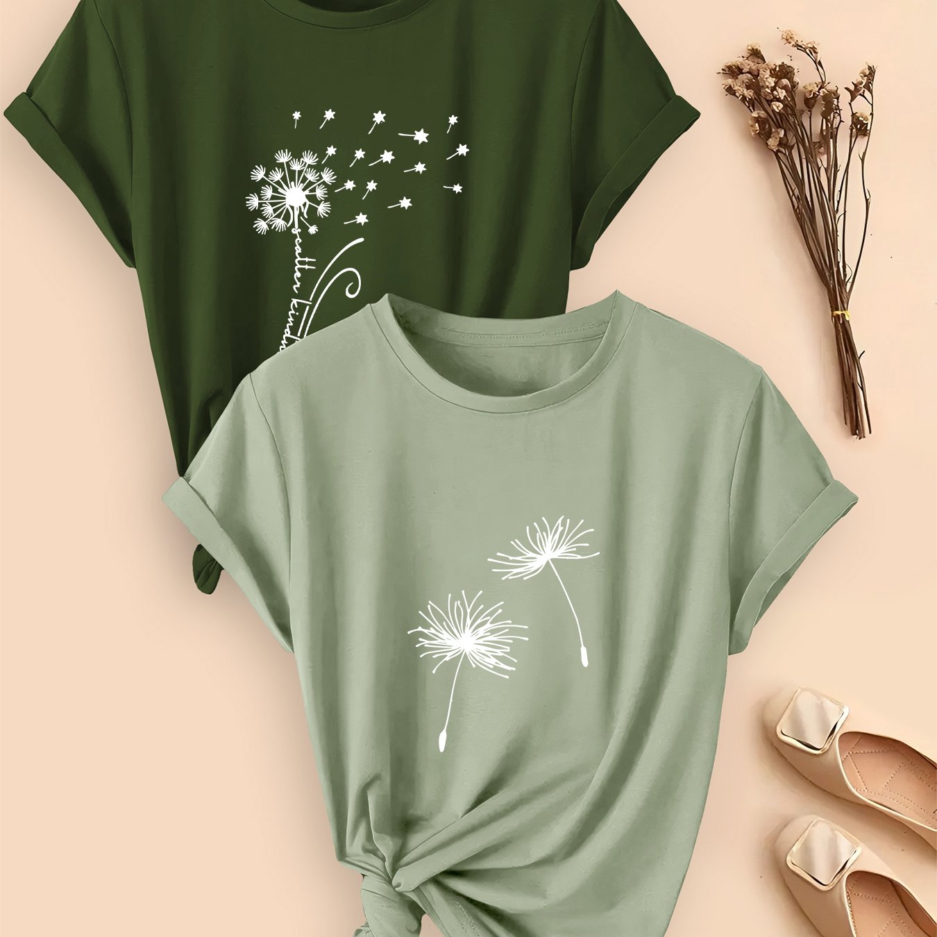 Image of Plus Size, 2pcs Spring/summer Plus Size Casual Women's Tops, Dandelion Print Fiber Fabric Round Neck Short-sleeve Tees For Daily Wear