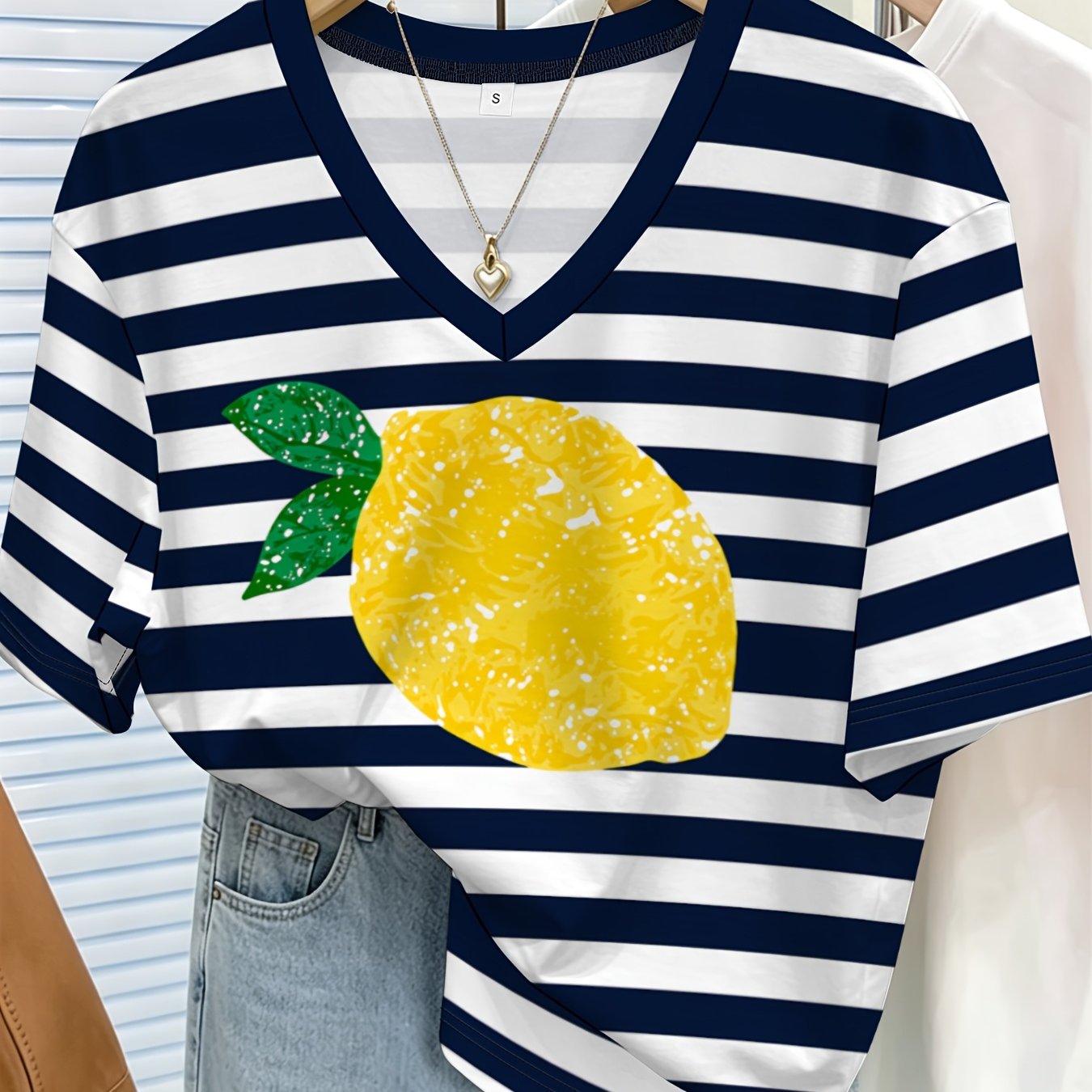 TEMU Striped Lemon Print Women's Short-sleeve T-shirt - Summer Casual Versatile Fashion Top With Fresh Fruit Patterns, Comfortable And Breathable,