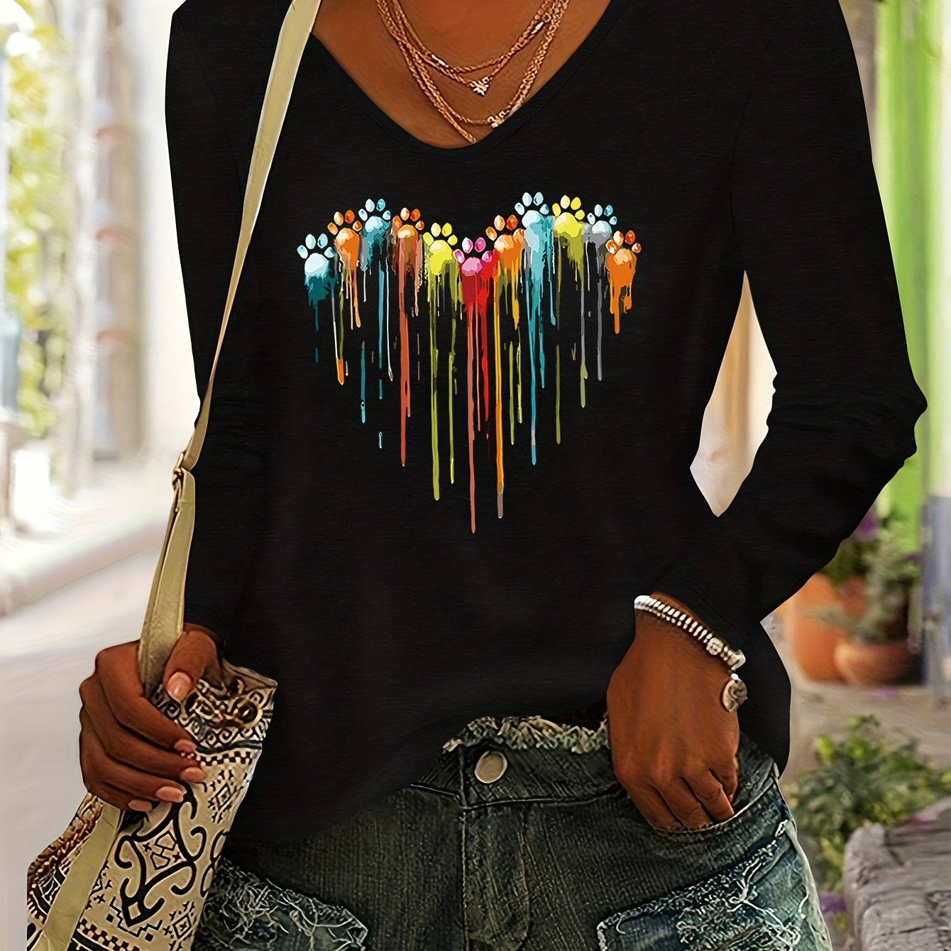 TEMU T-shirt Femme Confortable Décontractée Automne/Hiver - Col en V Manches Longues avec Motif Cœur et de Patte