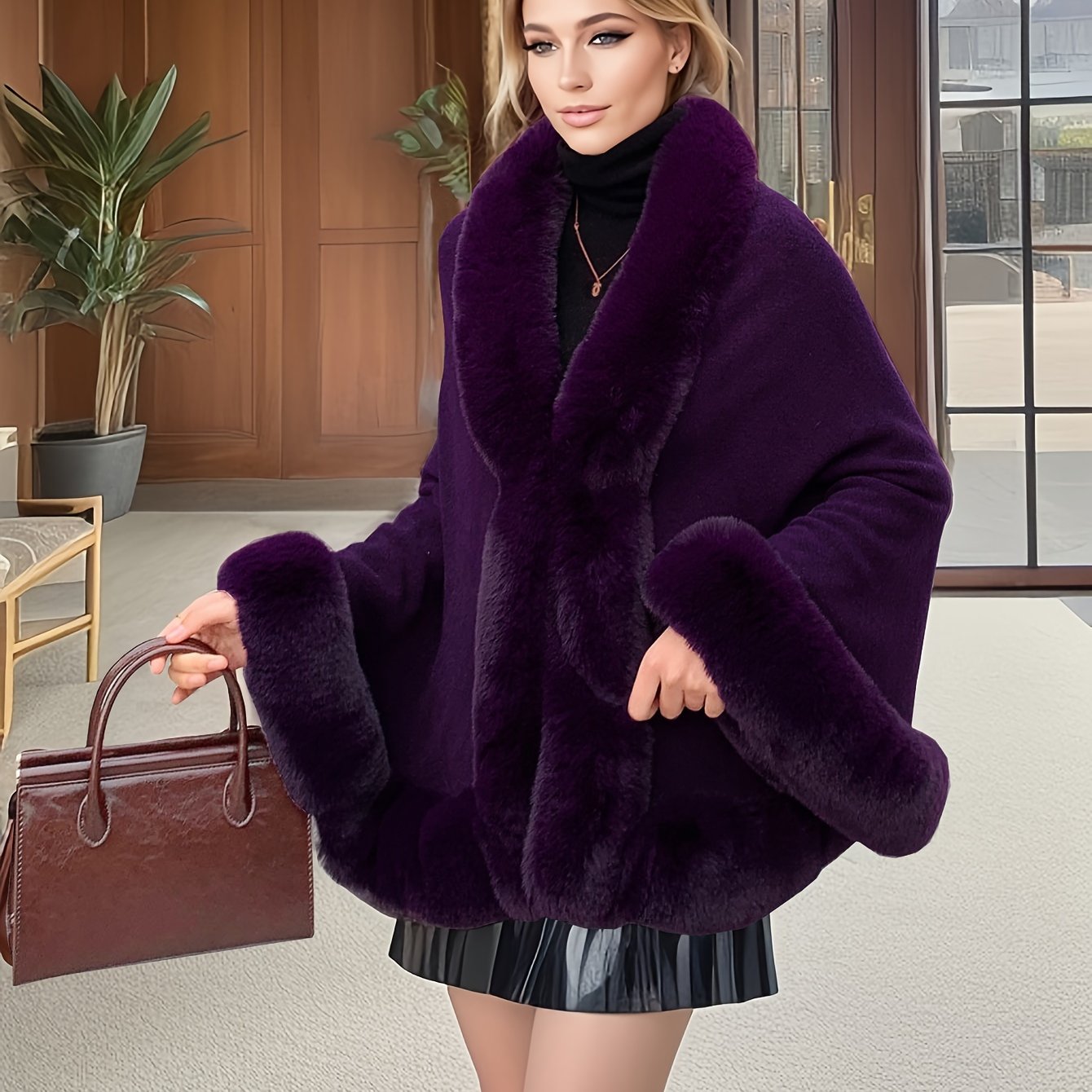 TEMU Fur Trim Open Front Coat, Elegant Batwing Sleeve Outerwear For Fall & Winter, Women's Clothing