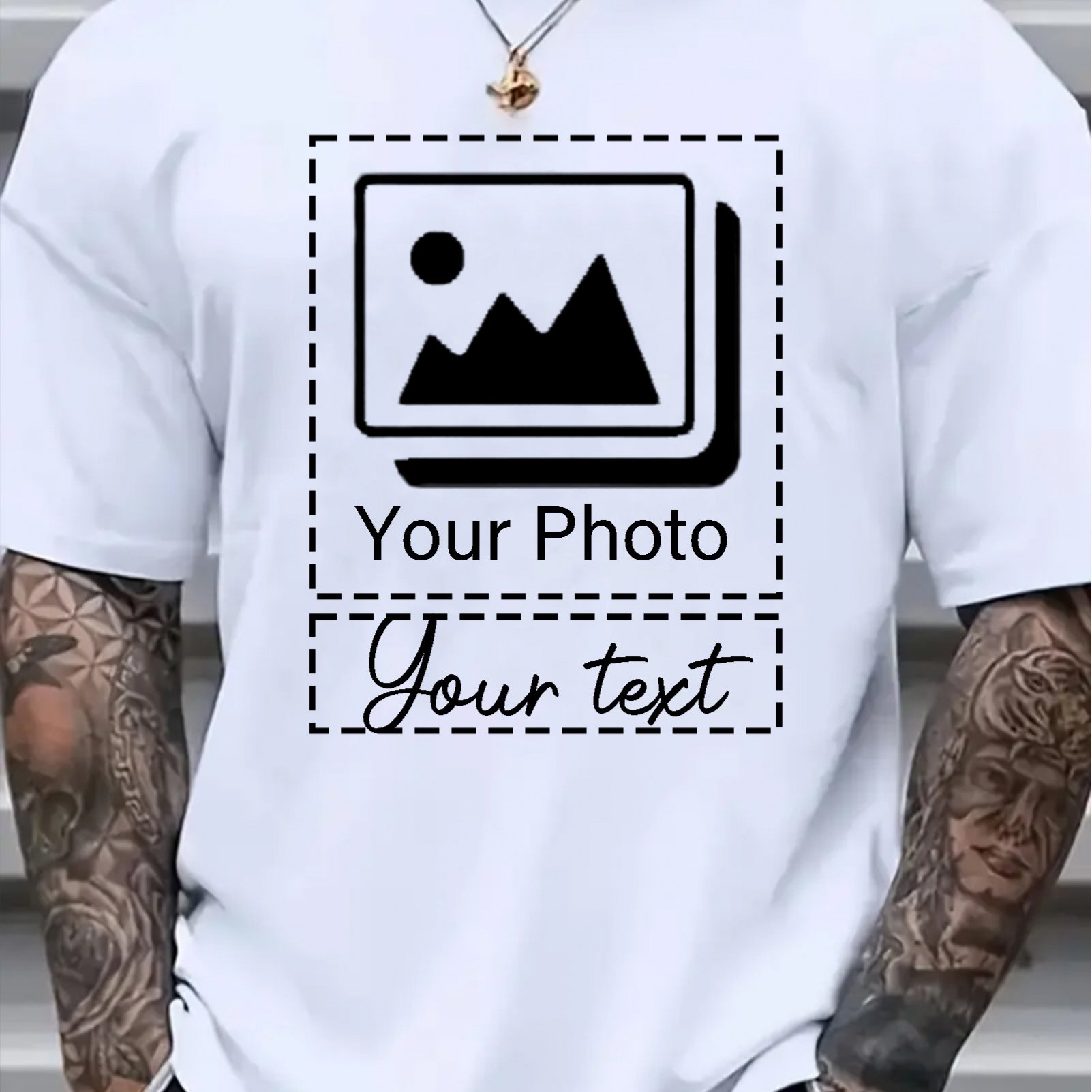 TEMU Men's Custom Printed T-shirt Suitable For All- Loose Fit Round Neck Short Sleeve With Full-body Text/picture Printing, Micro-elastic Fabric For