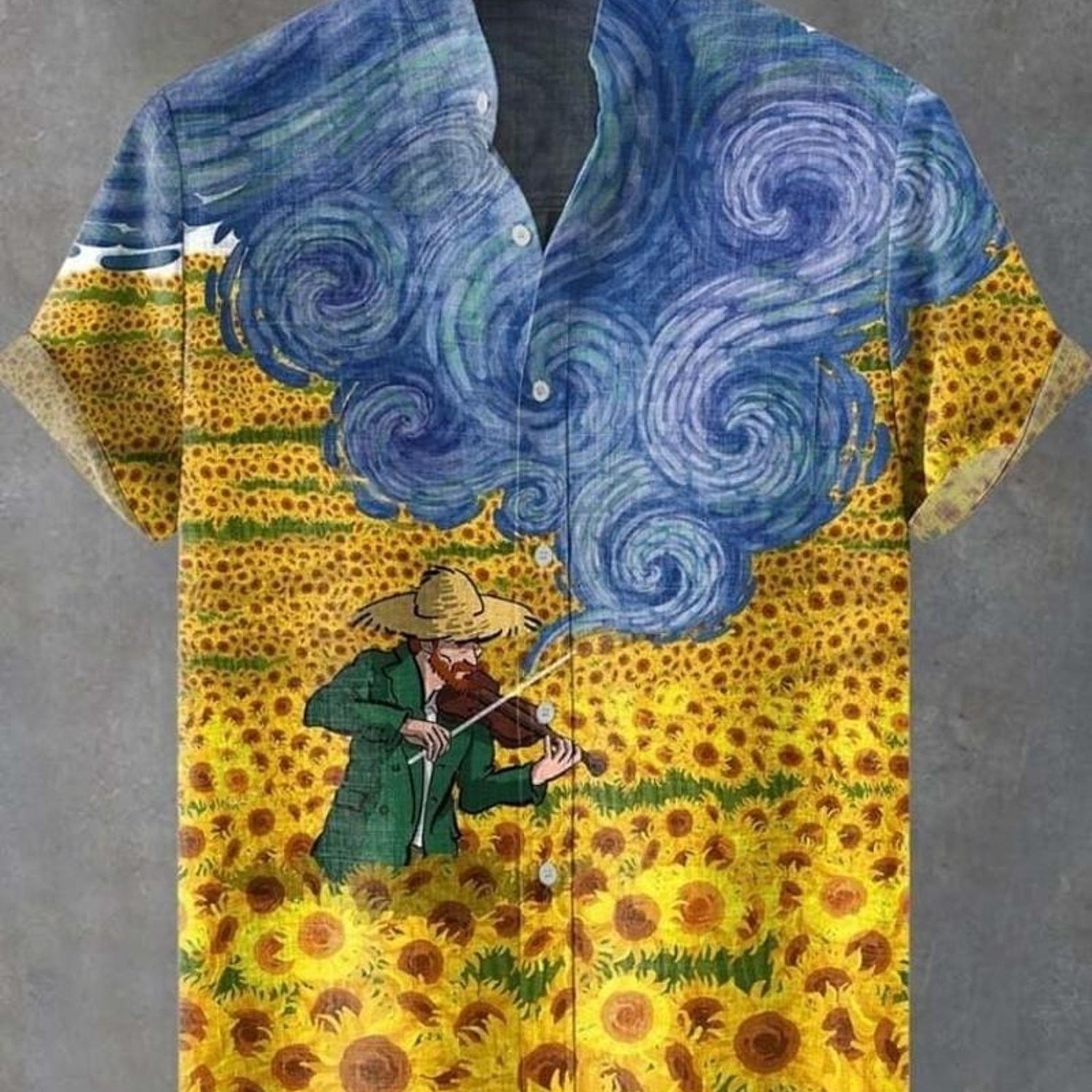 Image of Men's Button-collar Short-sleeved Dress Shirt, Colorful Sunflower & Violinist Print, Polyester Fabric, Casual & Comfortable For Daily Wear, Multiple Sizes/colors , Stylish Formal Top For Men
