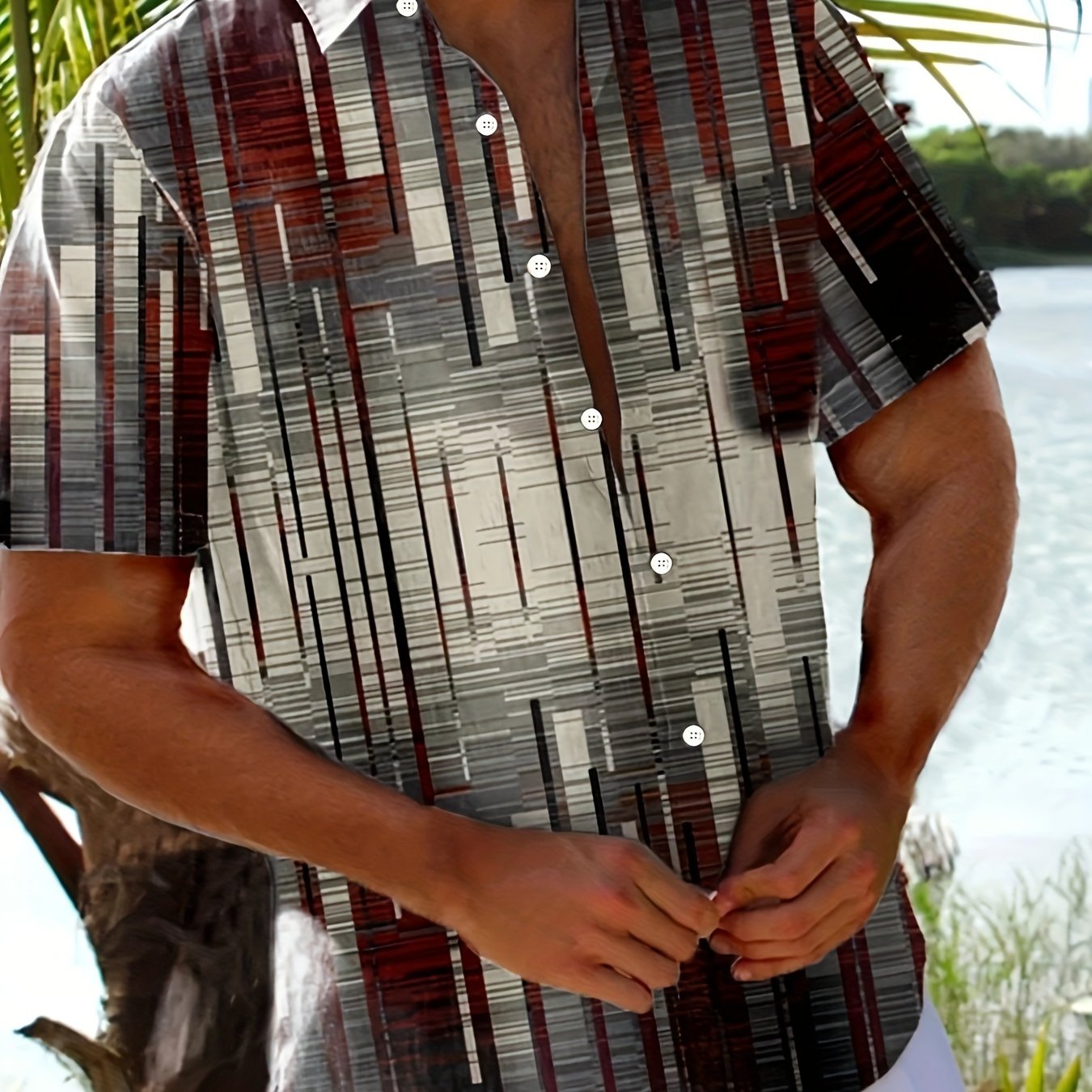 Vintage Geometric Gradient Print Men's Plus Size Button Pocket Short Sleeve Shirt, Plus Size