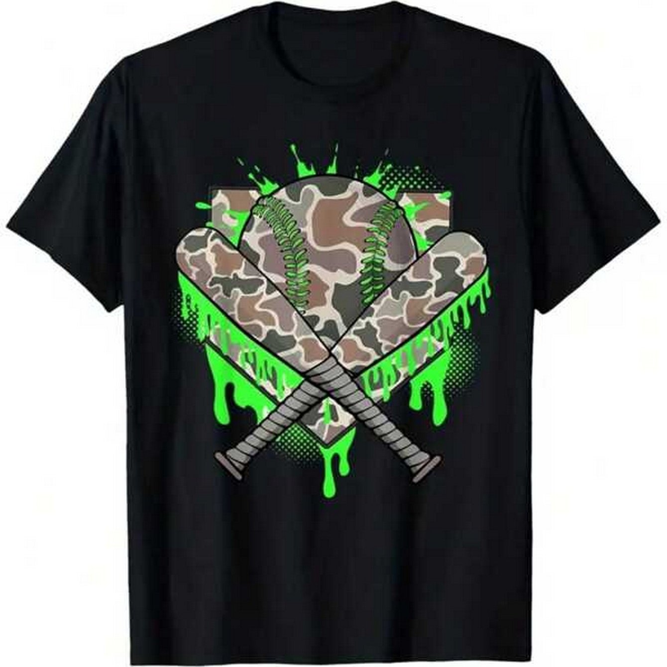 1pc Kids Boy Short Sleeve T-shirt Camouflage Green Splatter Summer Top For 3-13 Years Old Perfect For Halloween Party Fun, Kids Outfit, Everyday Kids Top, Fun Graphic Tee, Baseball Theme Shirt