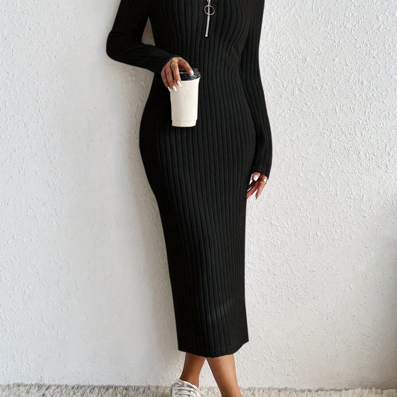 ribbed knit zip-up v neck dress, chic solid color long sleeve slim dress, women's clothing apricot