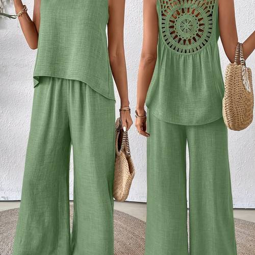 plus size solid lace panel hollow sleeveless top and pants casual sports set
