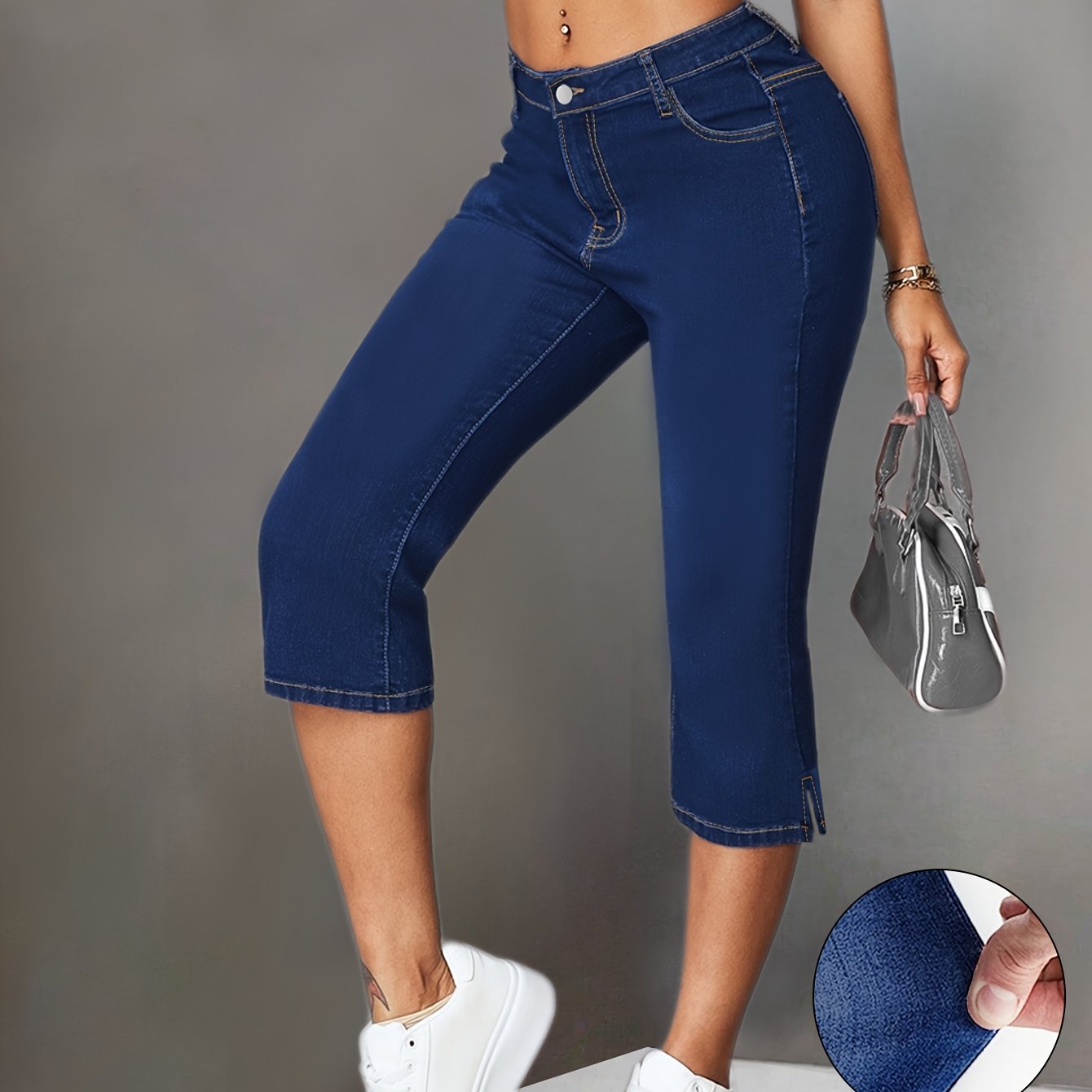 Women's High-waisted Skinny Jeans With Side Slit - Stretch Denim Bermuda Shorts, Elegant Button Detail, Spring/summer Casual Wear, High Waisted Shorts
