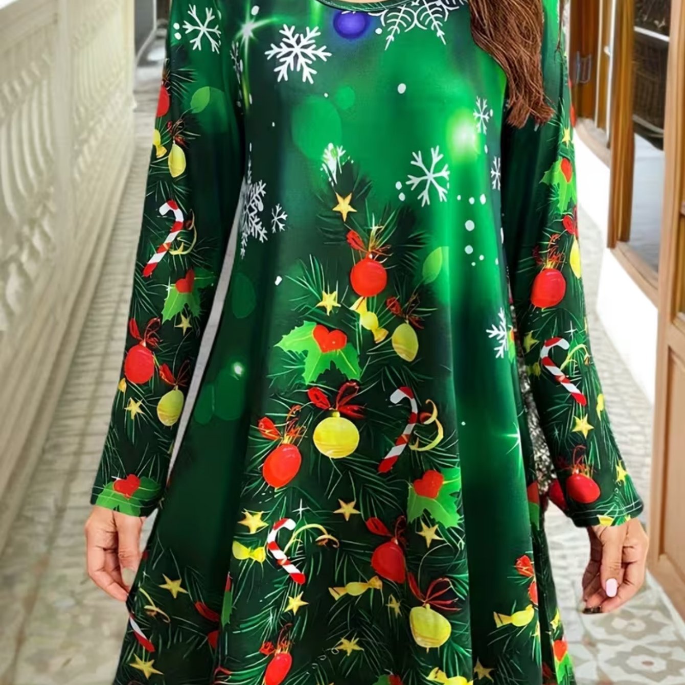 TEMU Plus Size - Comfortable And Stylish 3d Printed Long-sleeve Dress, Classic And , With Bright And