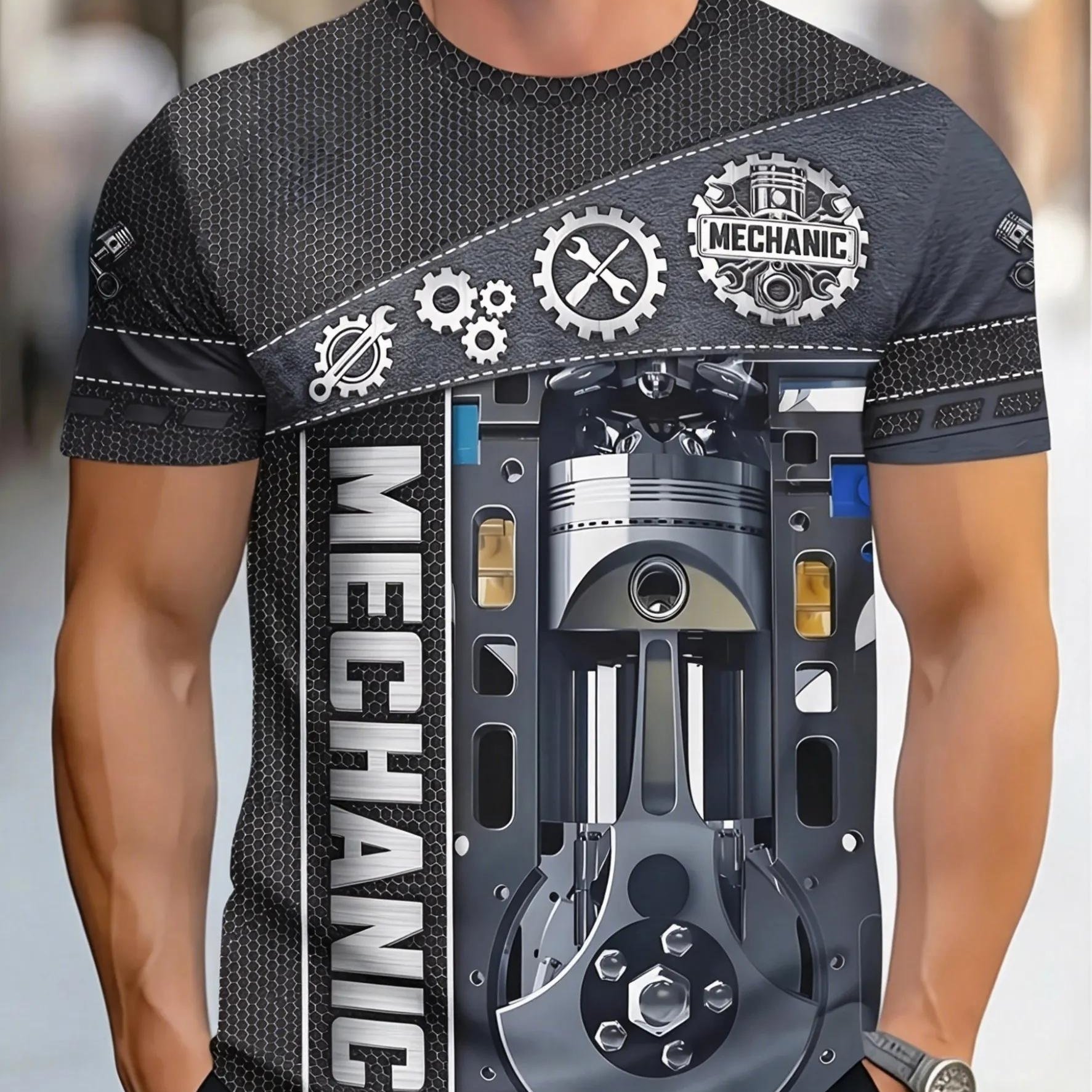 TEMU [printed Design- Not Textured] Men's Automotive Mechanic Printed Casual Wear - Full Vehicle Gear And Engine , With White Mechanical Graphics,