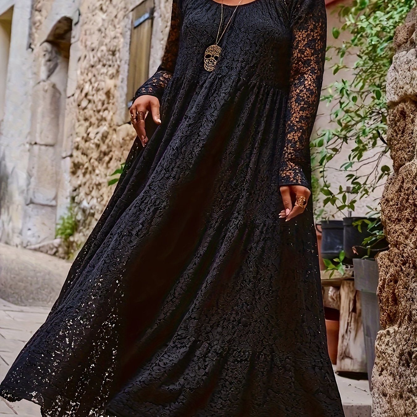 Image of Plus Size, Women's Plus Size Elegant Solid -shoulder Lace Maxi Dress, Non-stretch Fabric, For Spring/summer, Casual Dress | Elegant Off-shoulder Dress | Polyester Fabric
