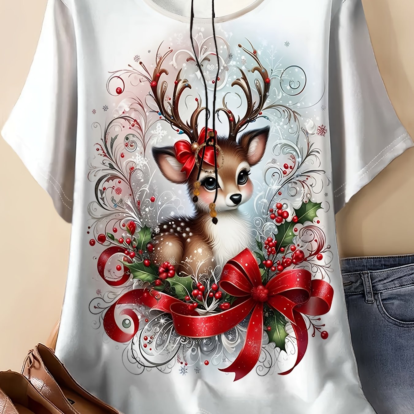 TEMU Plus Size Women' Round Neck T-shirt With Full-body Fawn & Bow Print - Sweet Christmas Short Sleeve -compatible Top Suitable For Casual Summer