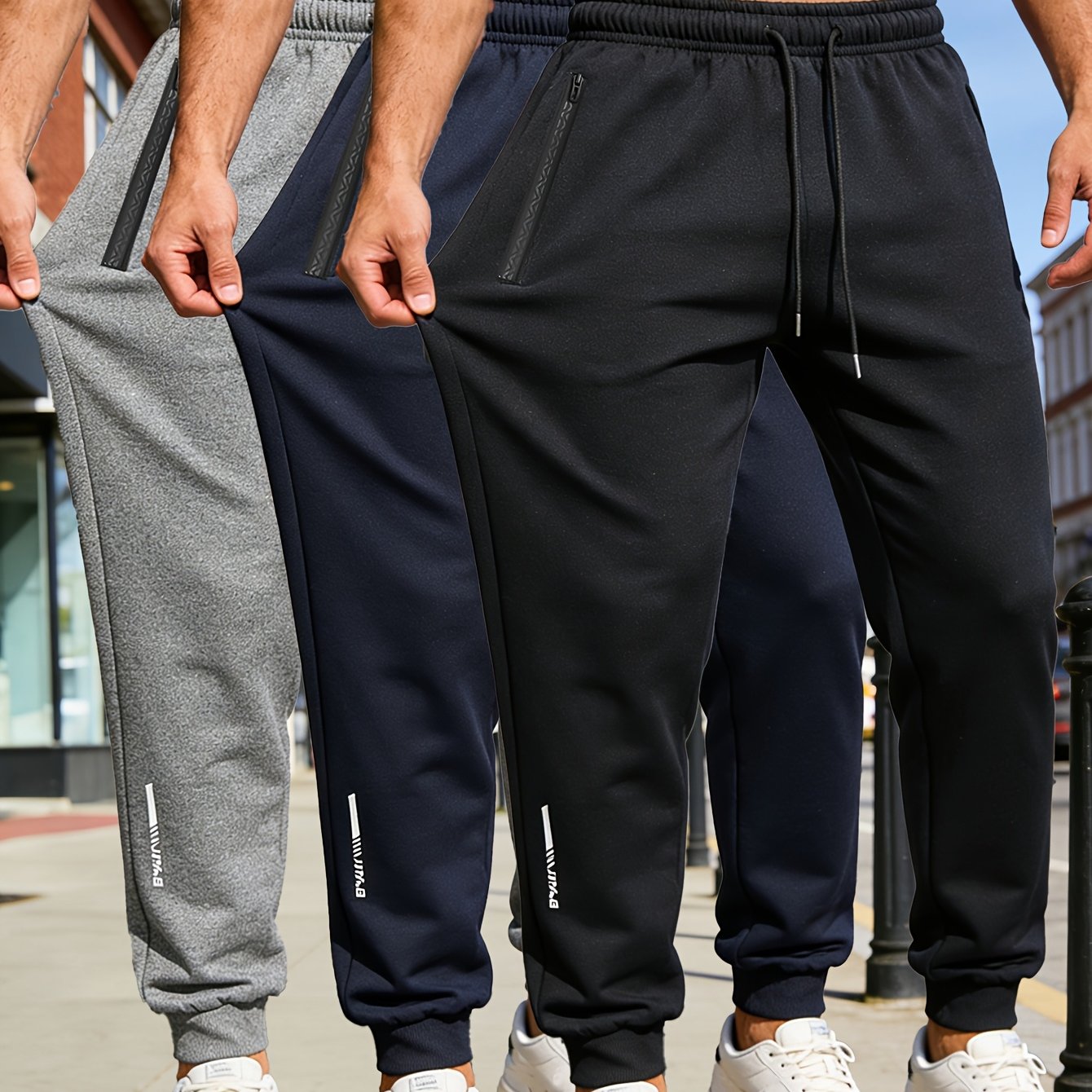 TEMU Men's Casual Sports Pants 3-pc | Zippered Pockets, Drawstring Waist, Solid Color Joggers For Spring/fall, Casual Wear, Fitness, And Outdoor