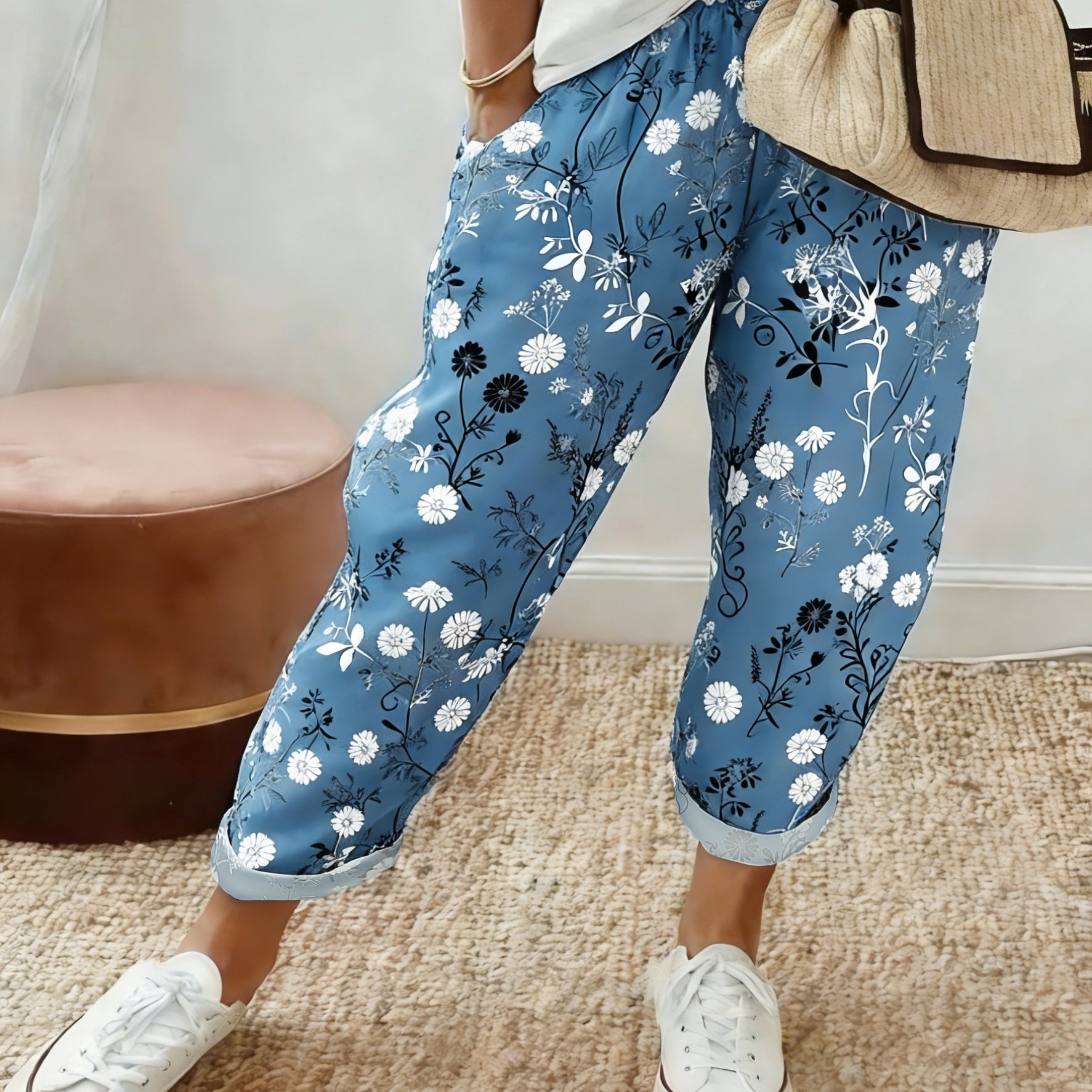 TEMU Plus Size - Plus Size - Spring/summer Women's Plus Size Casual Printed Straight-leg Pants | , Breathable Fabric, Design With Pockets, Elastic