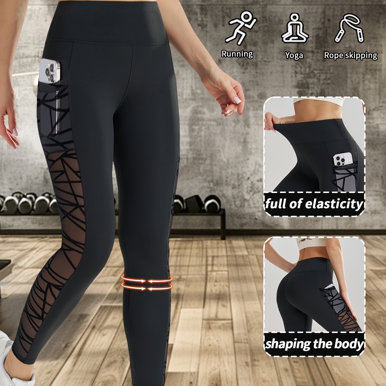 TEMU Leggings de Yoga de Cintura para Mujer, Diseño con Panel de Malla y Bolsillo, Ropa Deportiva Elástica Transpirable de Secado Rápido, Adecuados