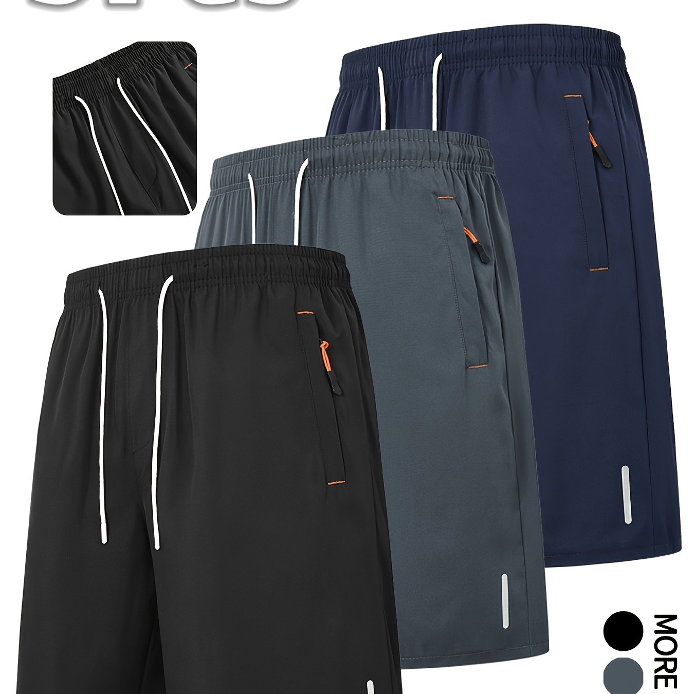 Image of 3pcs Set Summer Fashion Shorts Elastic Waist Drawstring Zipper Pocket Men's Casual Five-point Shorts