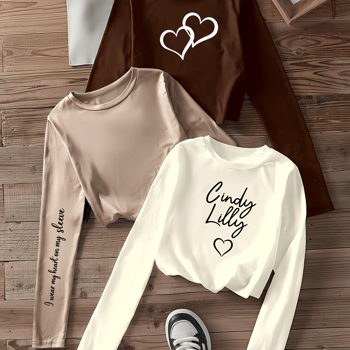 TEMU 3pcs Set, English Letters And Double-letter Heart Pattern, 2d Printed T-shirt, Y2k Sweet Slim Long Sleeve Tee, Classic Versatile Style,