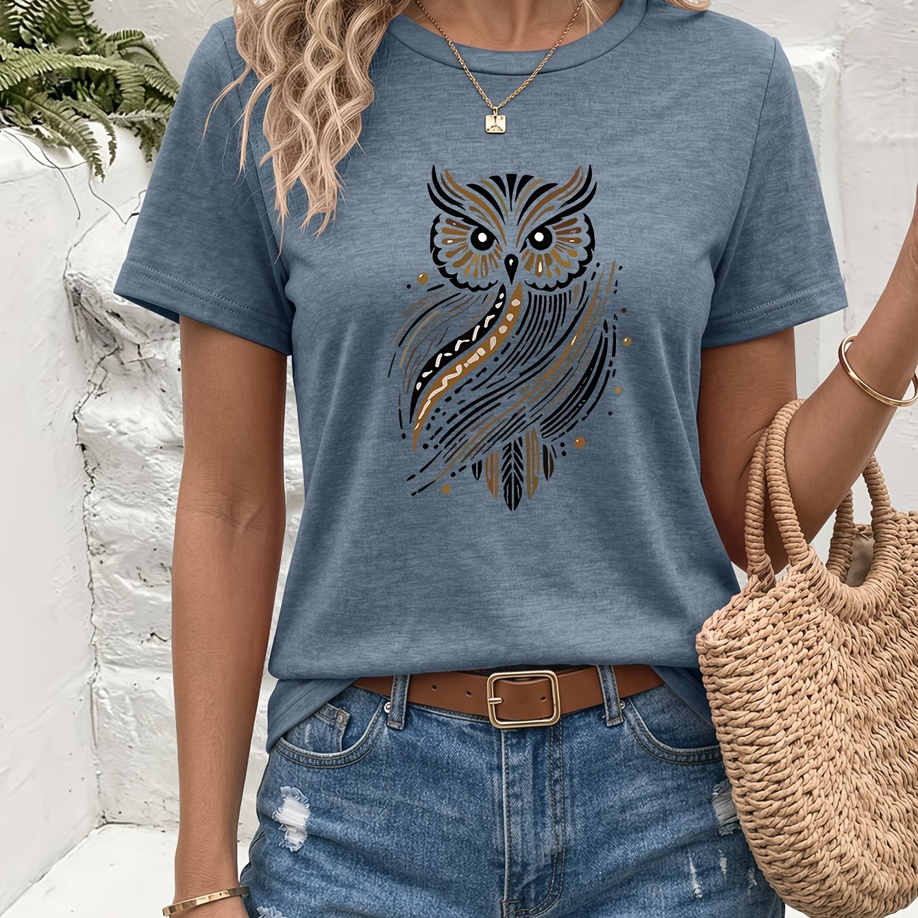 TEMU Artistic Owl Pattern Print Crewneck Colored T-shirt, Soft And Comfortable, Summer Fashionable Crewneck T-shirt, Casual Swear, Everyday Essential