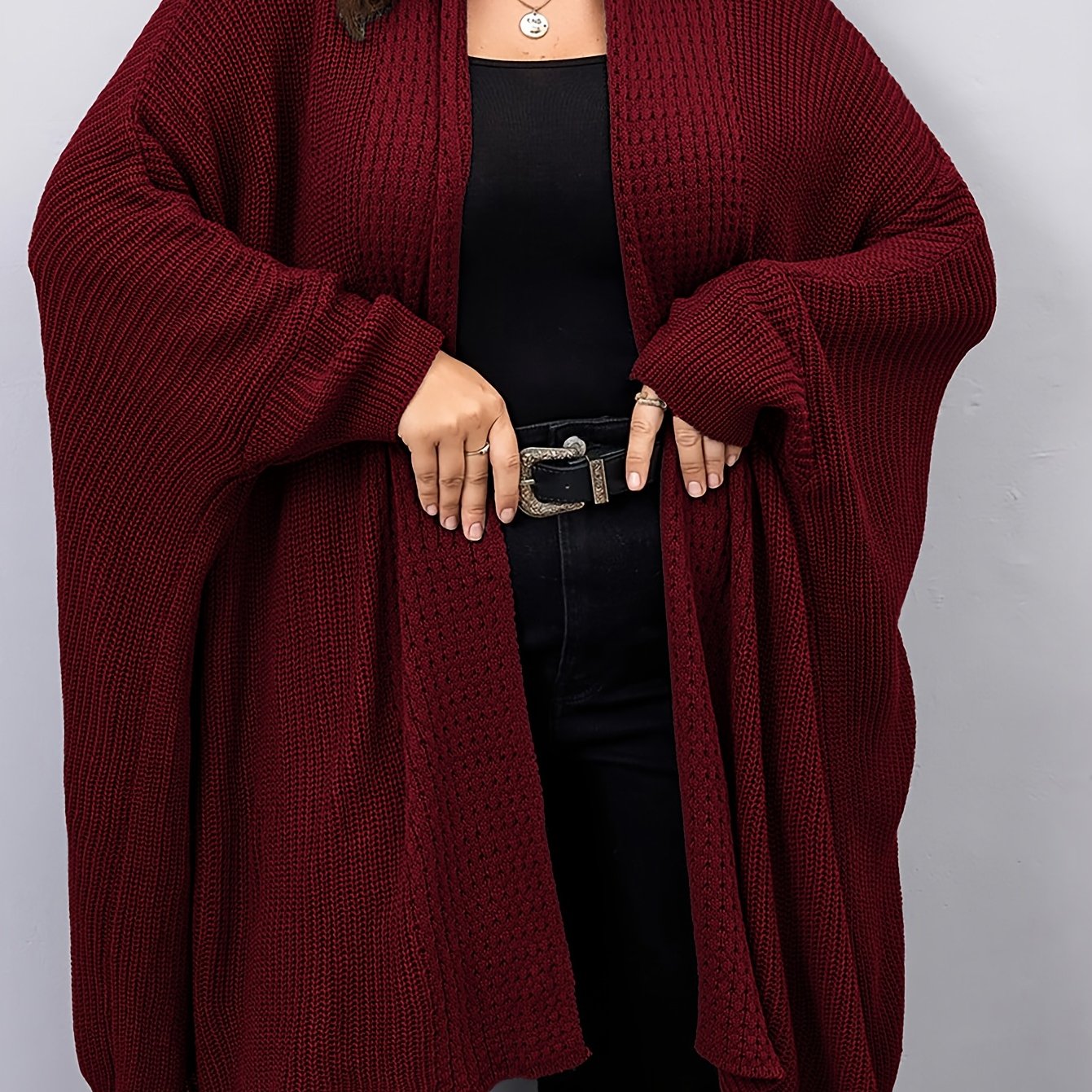 TEMU Plus Size, Plus Size Women's Batwing Sleeve Solid Open Front Cardigan