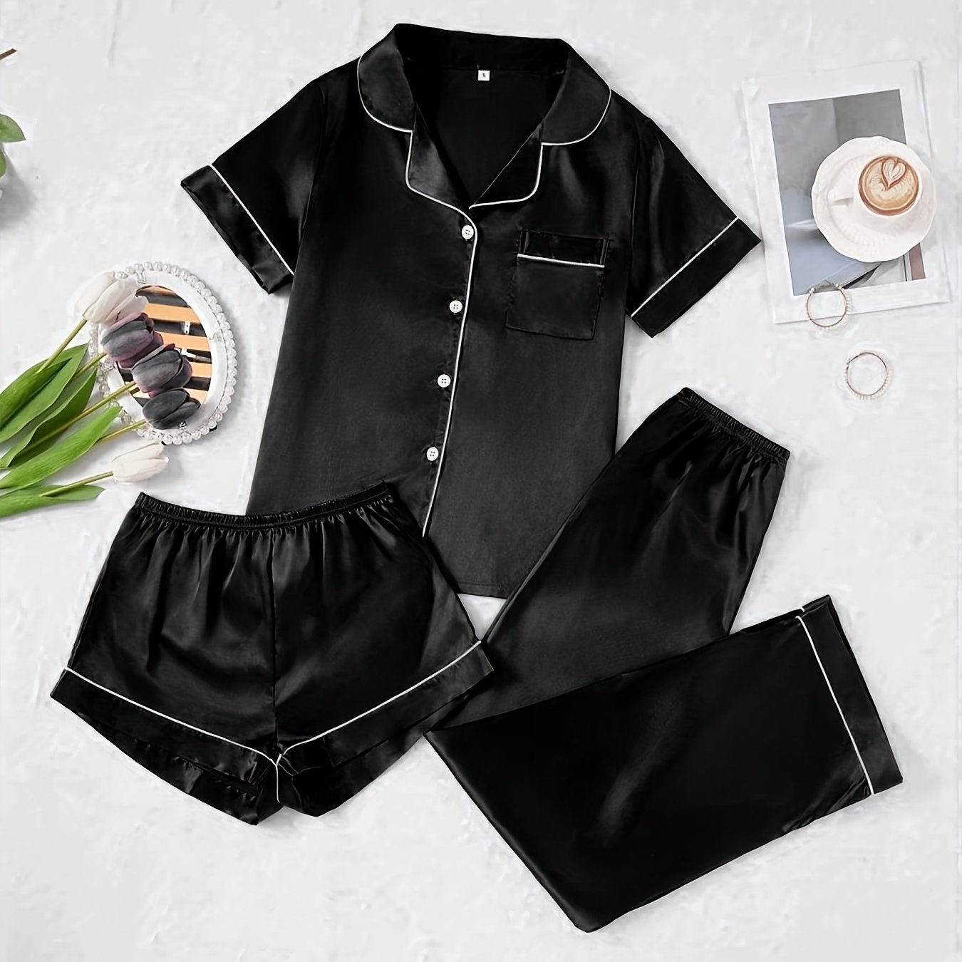 TEMU New Summer Women's Satin Pajama Set With Short Sleeves, Shorts, And Long Pants, -piece Loungewear Outfit