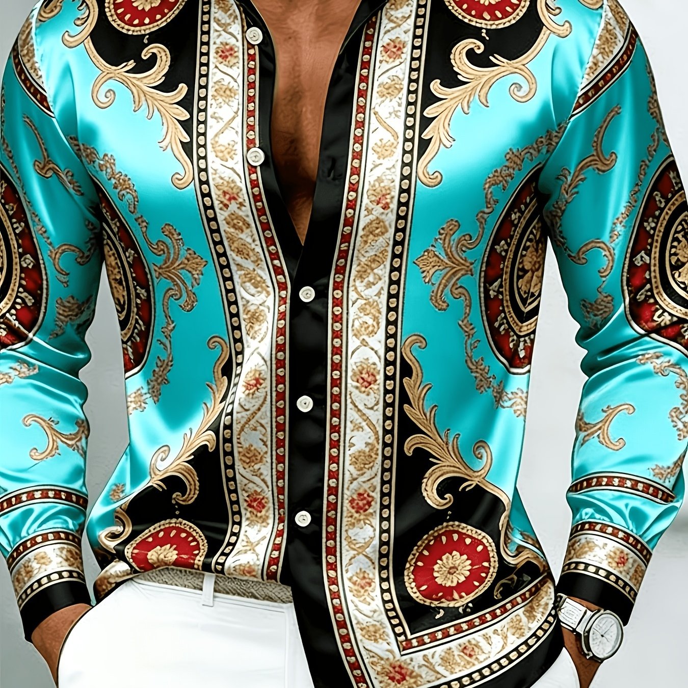 Image of Men's Long Sleeve Shirt, Vintage Baroque Digital Printed Peach, Casual Party& Office Wear, Button-up Top