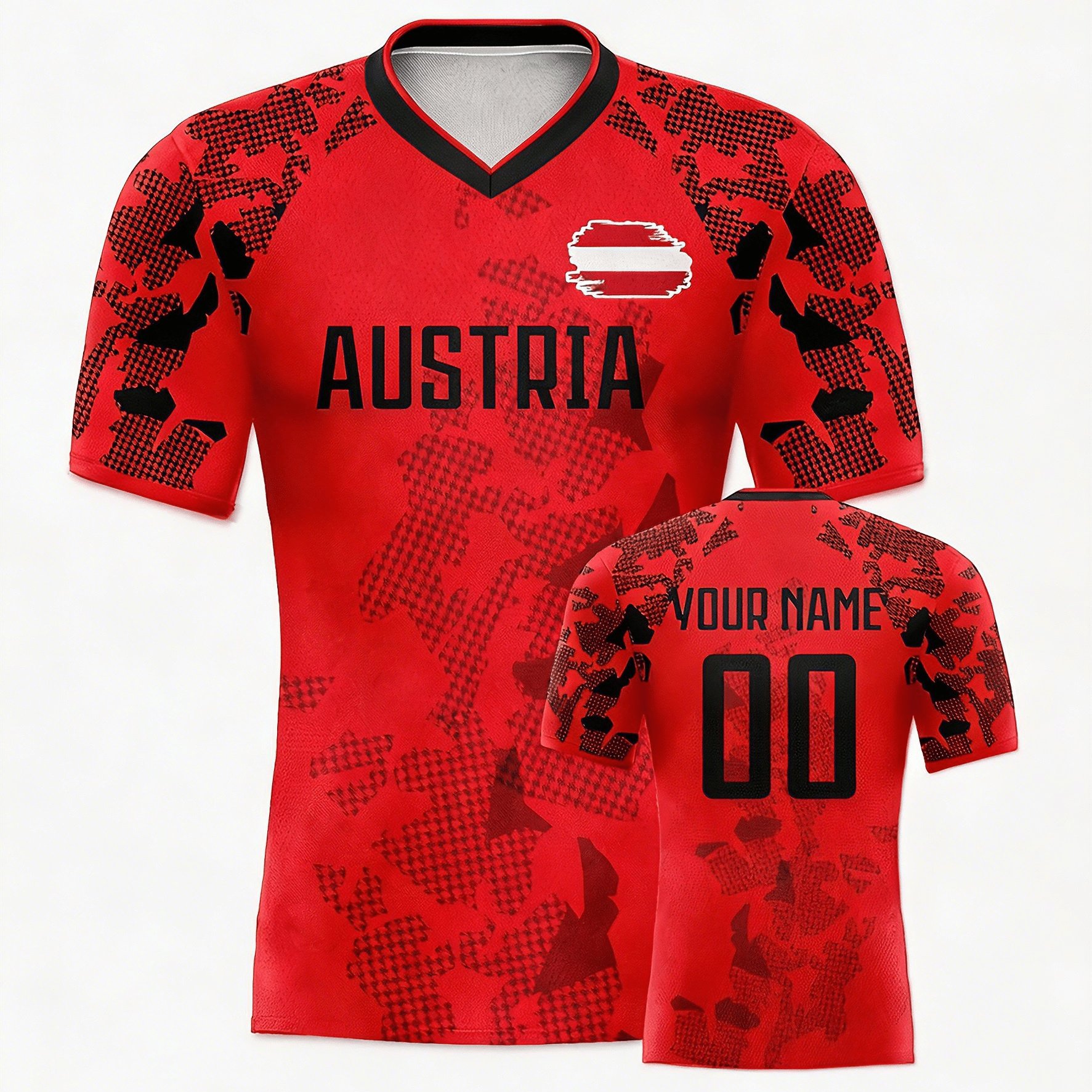 TEMU Men's Custom Austria Graphic Soccer Jersey Printed, Red Soccer Shirt Personalized , Authentic Tee, Breathable Polyester V- Neck Short Sleeve