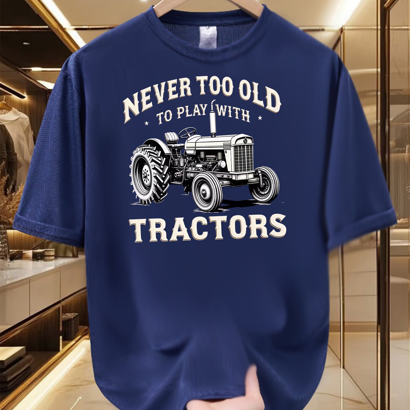 TEMU Men's Vintage Tractor T-shirt - Farm With Tractor Print, 100% Polyester Short Sleeve Crew Neck Casual Summer Shirt Suitable For Farming,