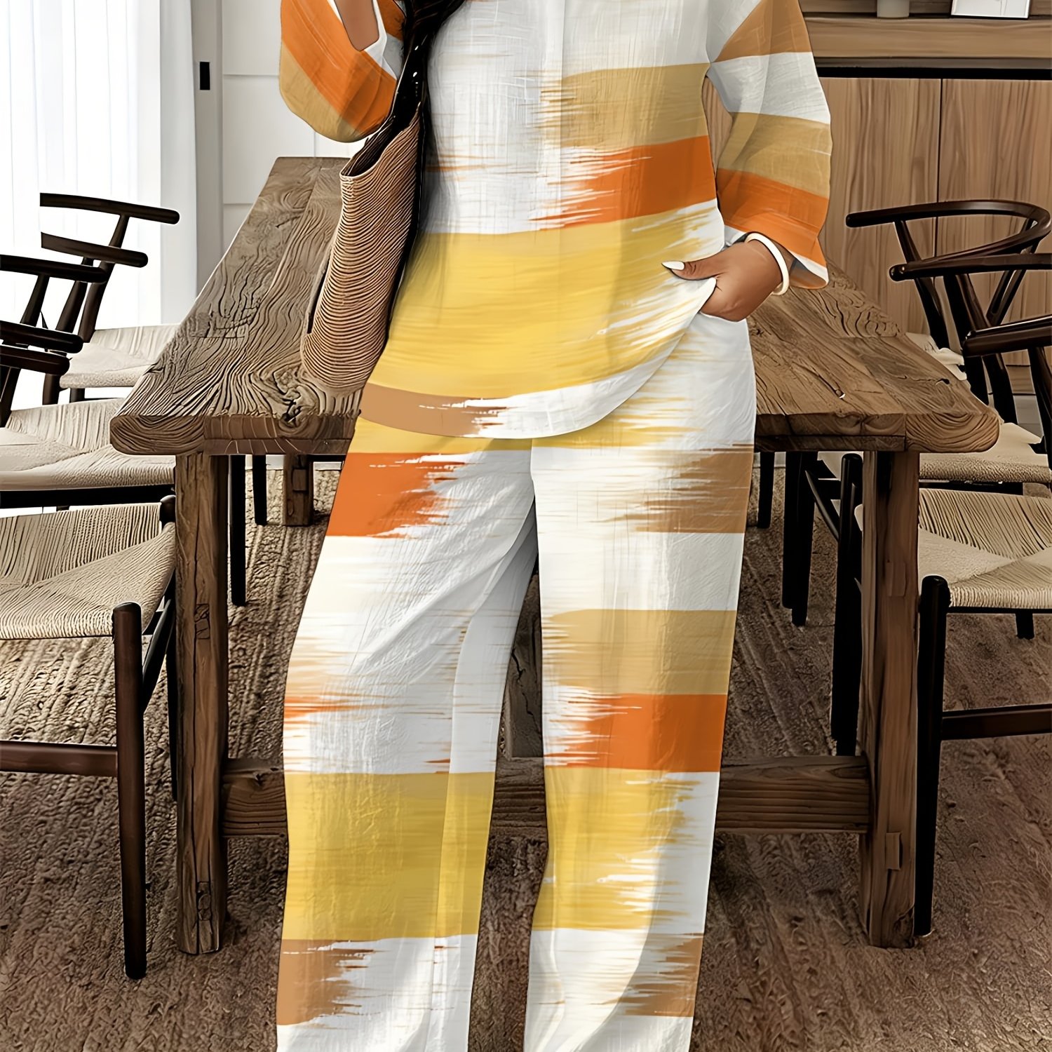 TEMU 2026 New Women' Size Long Sleeved Pants 2pcs Set, Set, Spring And Summer -neck Long Sleeved Shirt Printed Elastic Waistband Pants 2pcs Set,