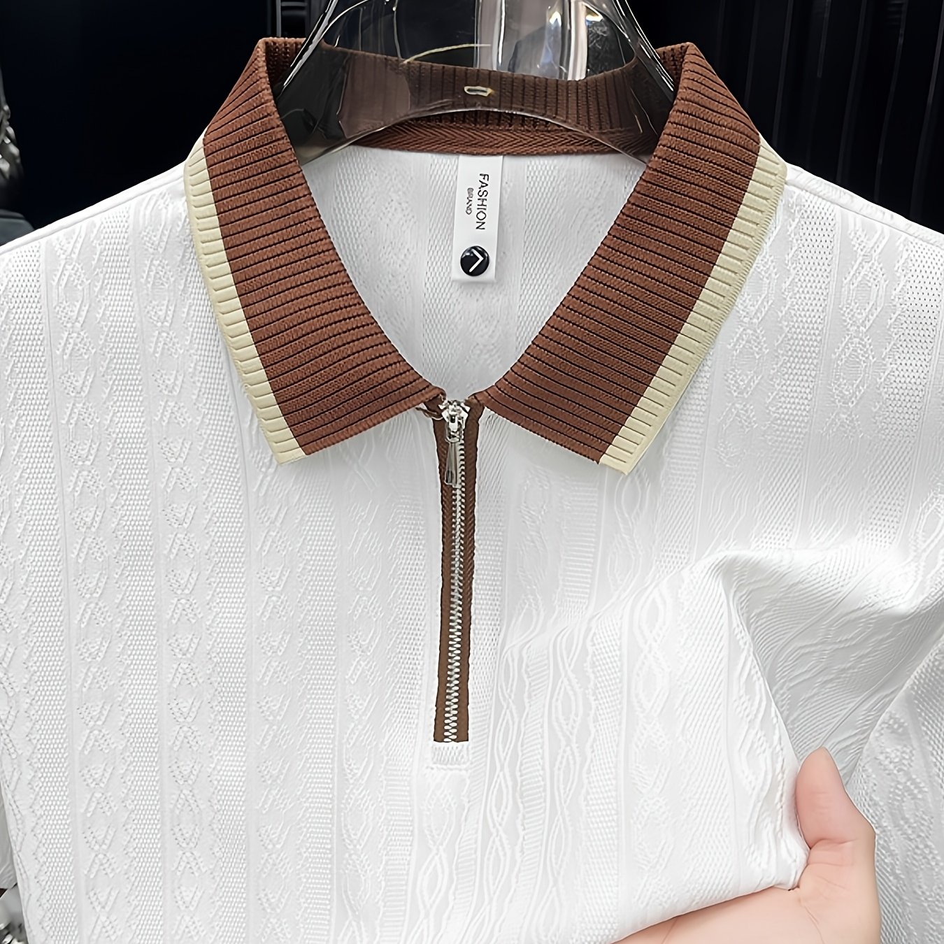 TEMU Men's Block Collar Zip-up Shirt, Cable Knit Texture Short Sleeve, Versatile Top For Daily , Gatherings, And Business Casual Wear