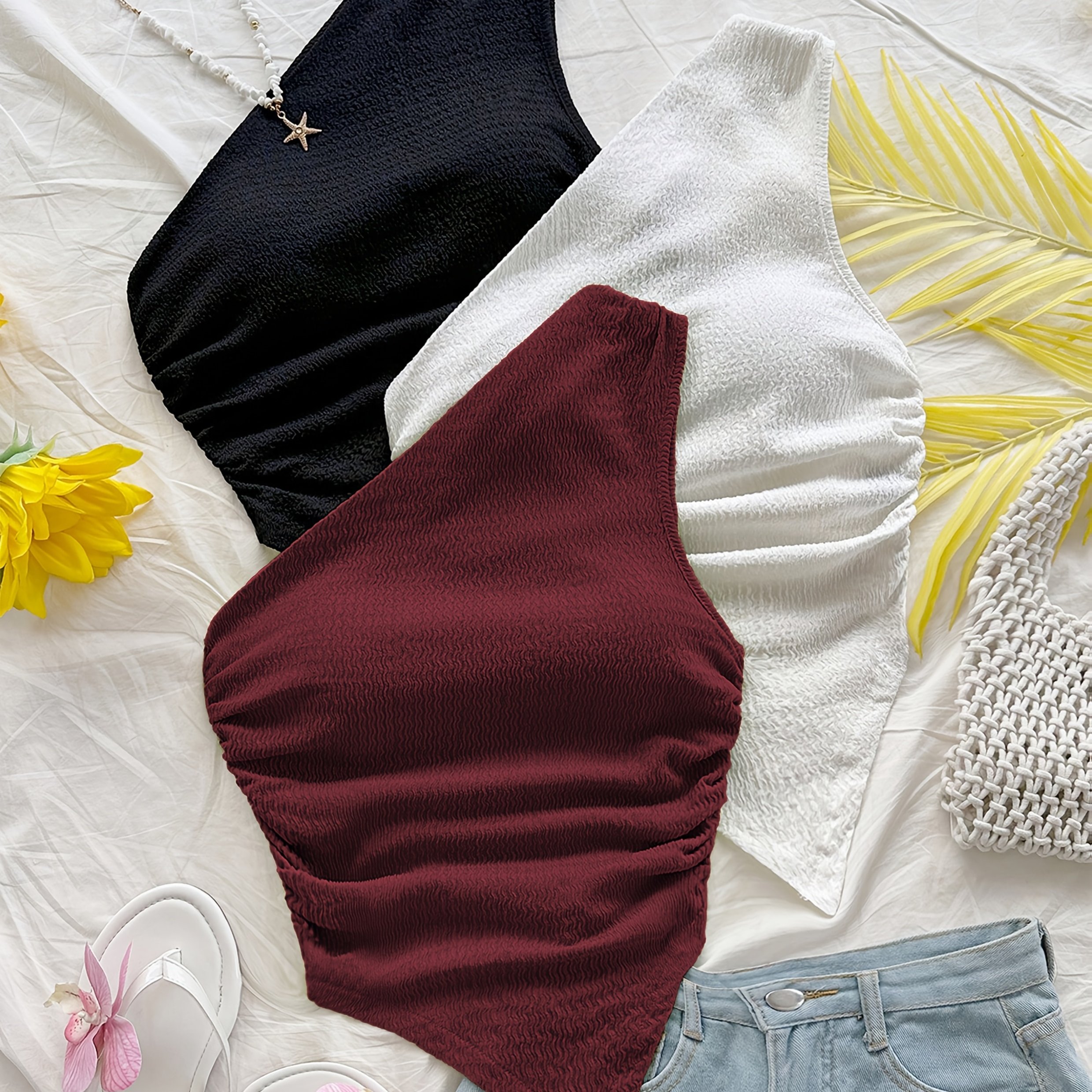 TEMU A Set Of 3 Women's Vacation Summer Casual Tops With An Asymmetrical Hem And Neckline, Perfect For Back To And Afternoon Tea, Featuring -shoulder