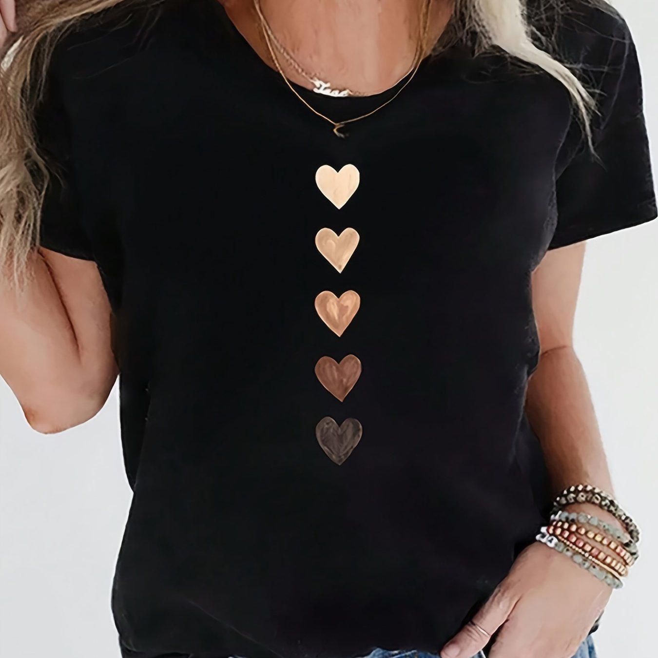 TEMU Casual Polyester-spandex Blend Crew Neck T-shirt With Heart Pattern, Knit Fabric, Regular Length For All Seasons