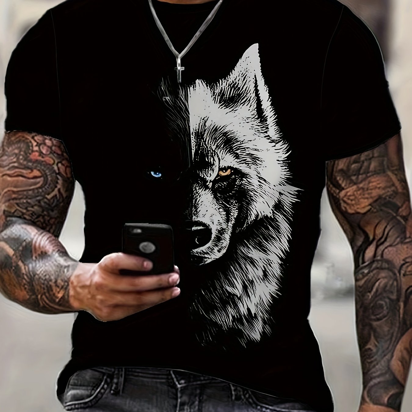 TEMU Wolf Creative 3d Print Stylish T-shirt For Men, Casual Summer Top, Comfortable And Fashion Crew Neck Short Sleeve, Suitable For Daily Wear