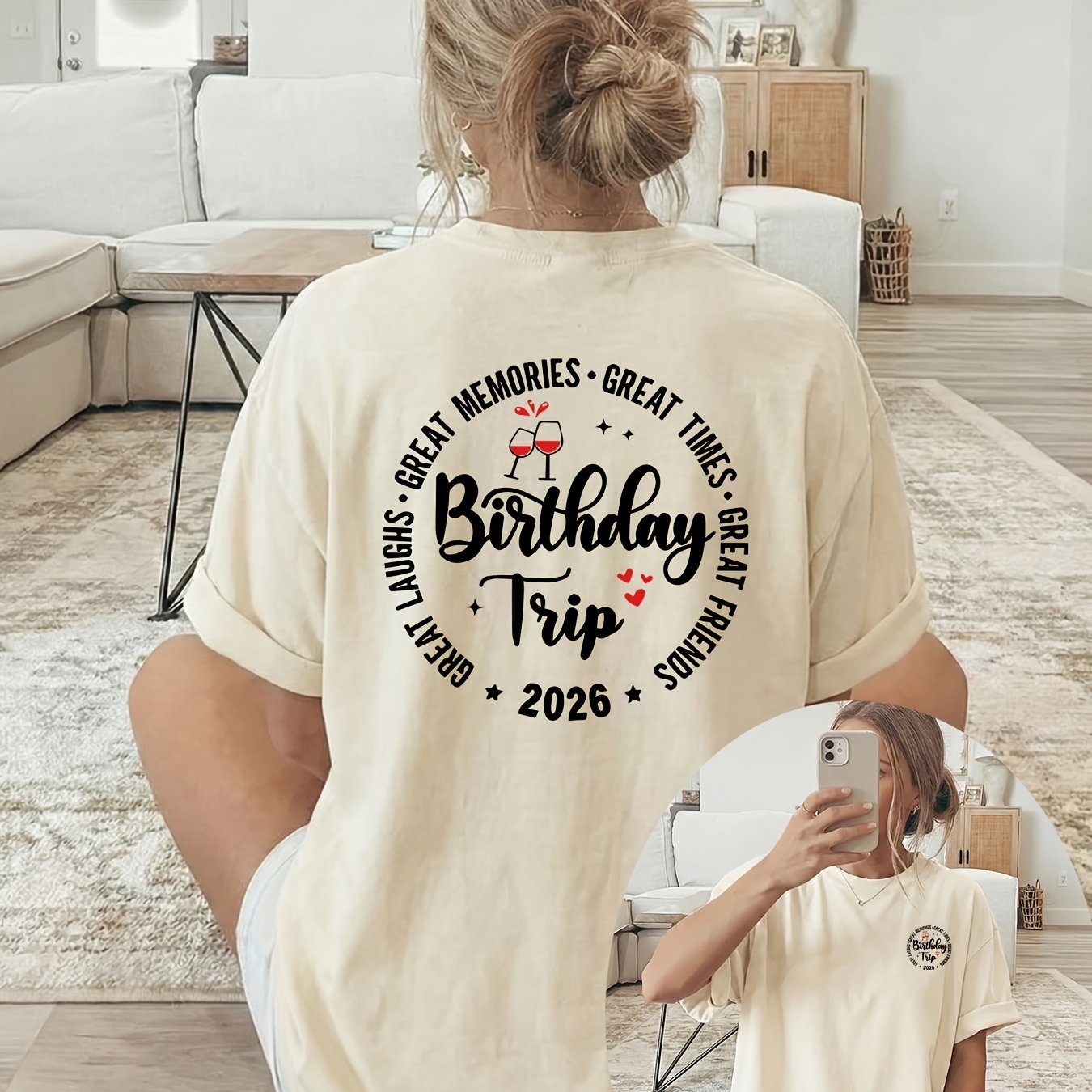 TEMU [double-sided Print] Spring/summer Loose-fit Casual Women's Wear, Featuring A Round Text Surrounding A Wine With "birthday Trip" Lettering.