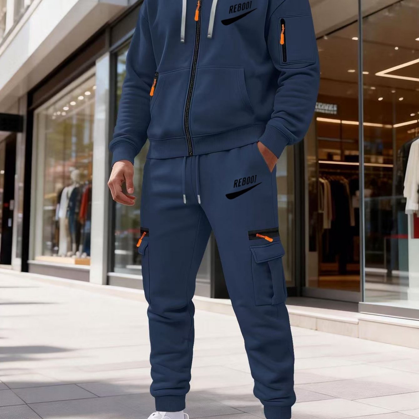 TEMU Trendy Men's Cargo Athletic Set Hooded Zip-up Sweatshirt And Sweatpants Two-piece Outfit Reboot Letter Print