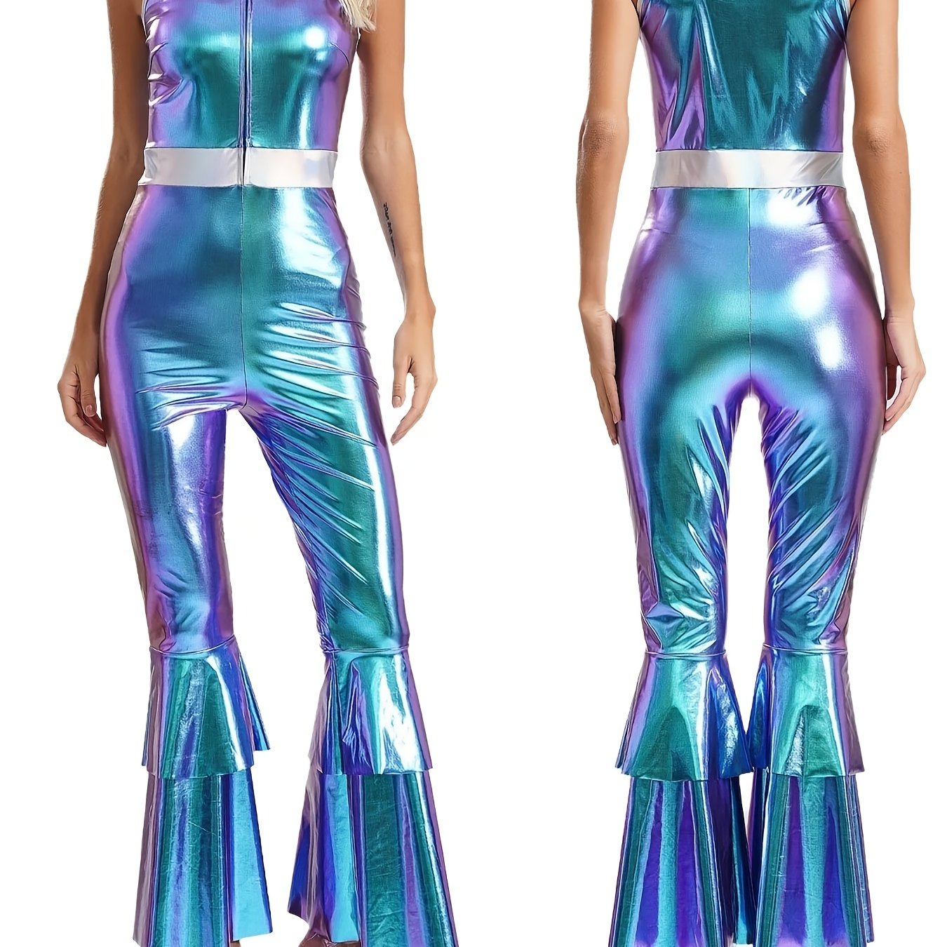 E-shop Damen Gürtel Color Block Jumpsuit, Disco Style Stretchy Clubwear Cosplay Karneval Kostüm Mode Doppellagige Bell Bottoms Bodysuit Jumpsuit