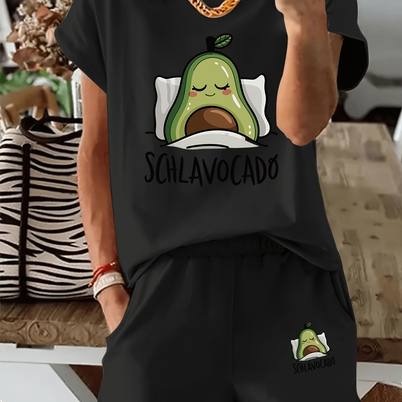 Image of () Women's Round Neck Short Sleeve T-shirt, Soft High Elastic Fabric Casual Tee With Cute Sleeping Avocado Print, Relaxed Fit Comfortable Loose Top, Machine Washable Daily Wear