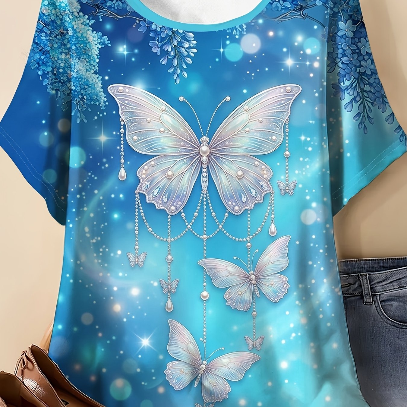 TEMU Plus Size, Women's Plus Size Elegant & Floral Print T-shirt - Round Neck Short Sleeve Blouse-compatible Top, Washable Summer Casual Tee Suitable