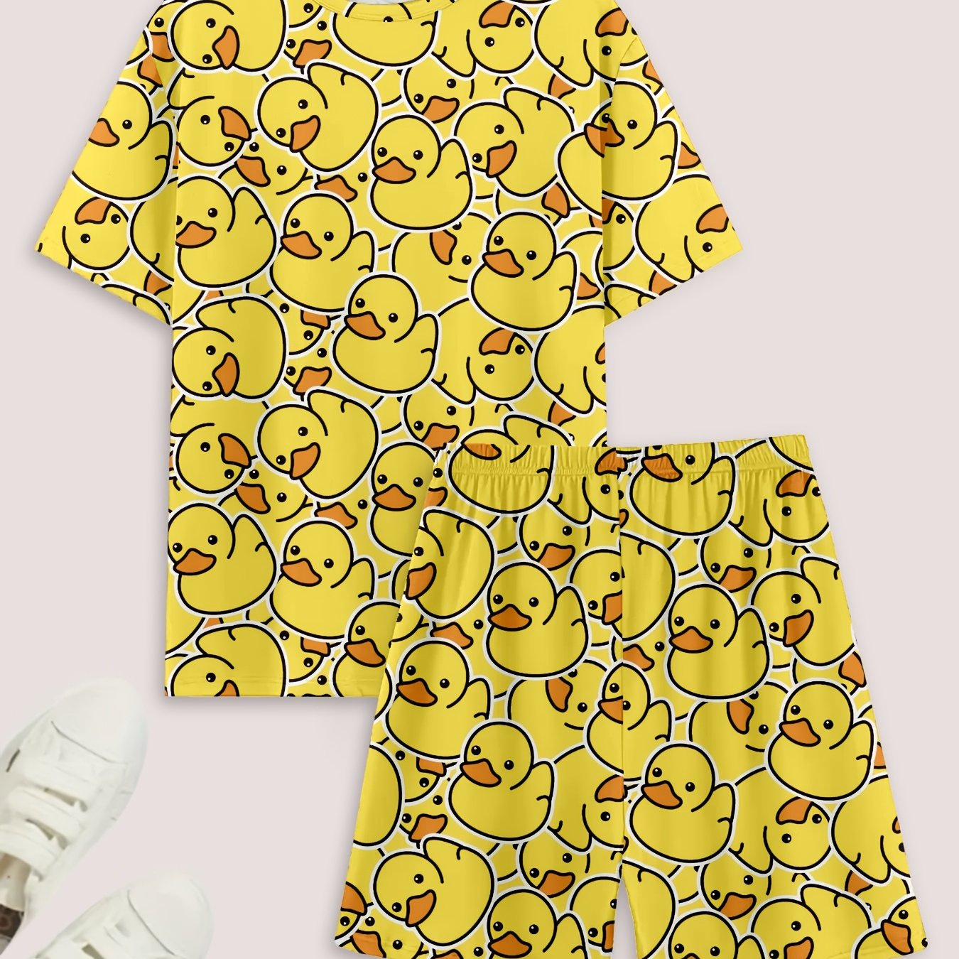 TEMU ダックプリント クルーネック 半袖 ショートパンツ パジャマセット