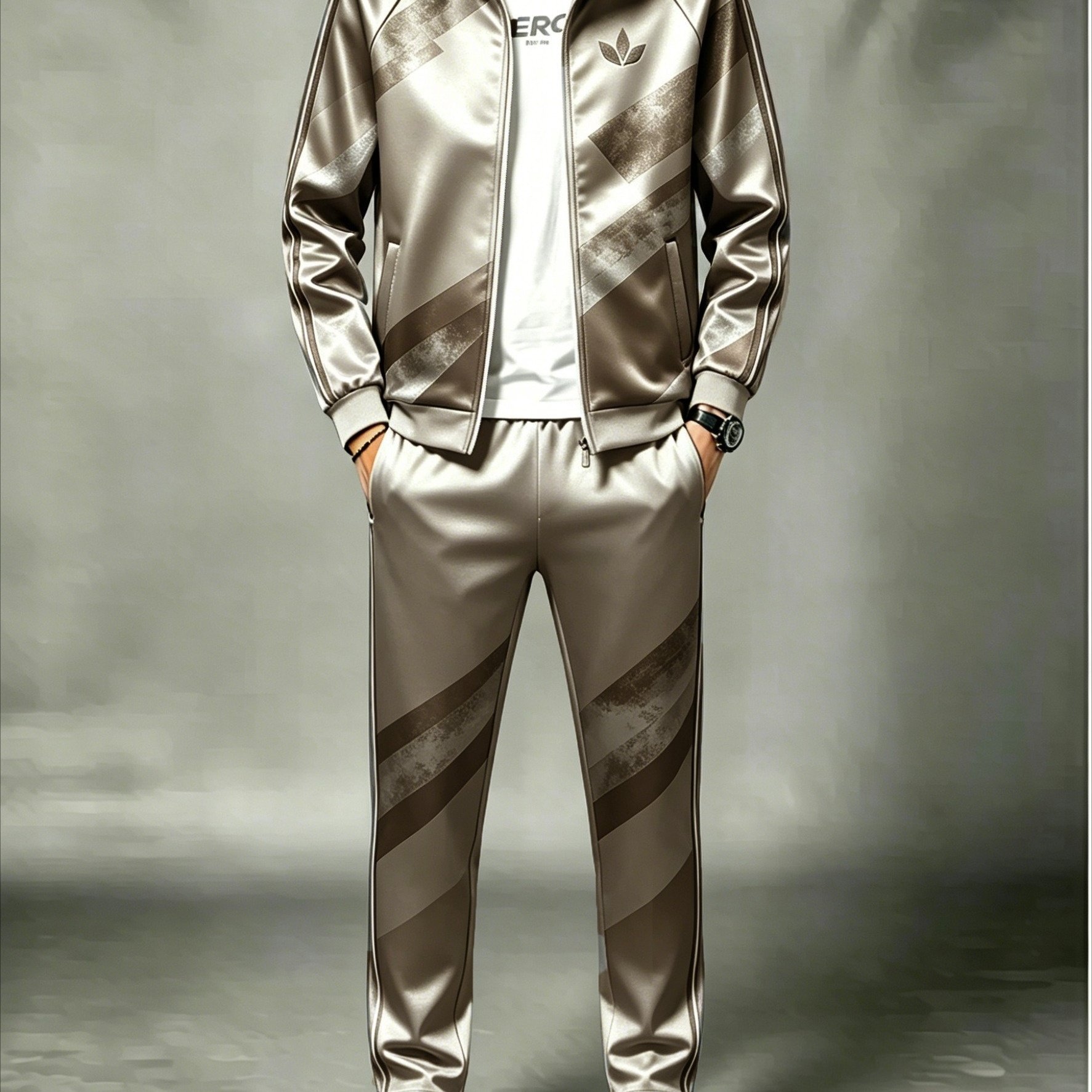 Men's Stand Collar Khaki And Brown Tracksuit Set With Geometric Diagonal Stripe 2 Piece Outfit Made Of Polyester
