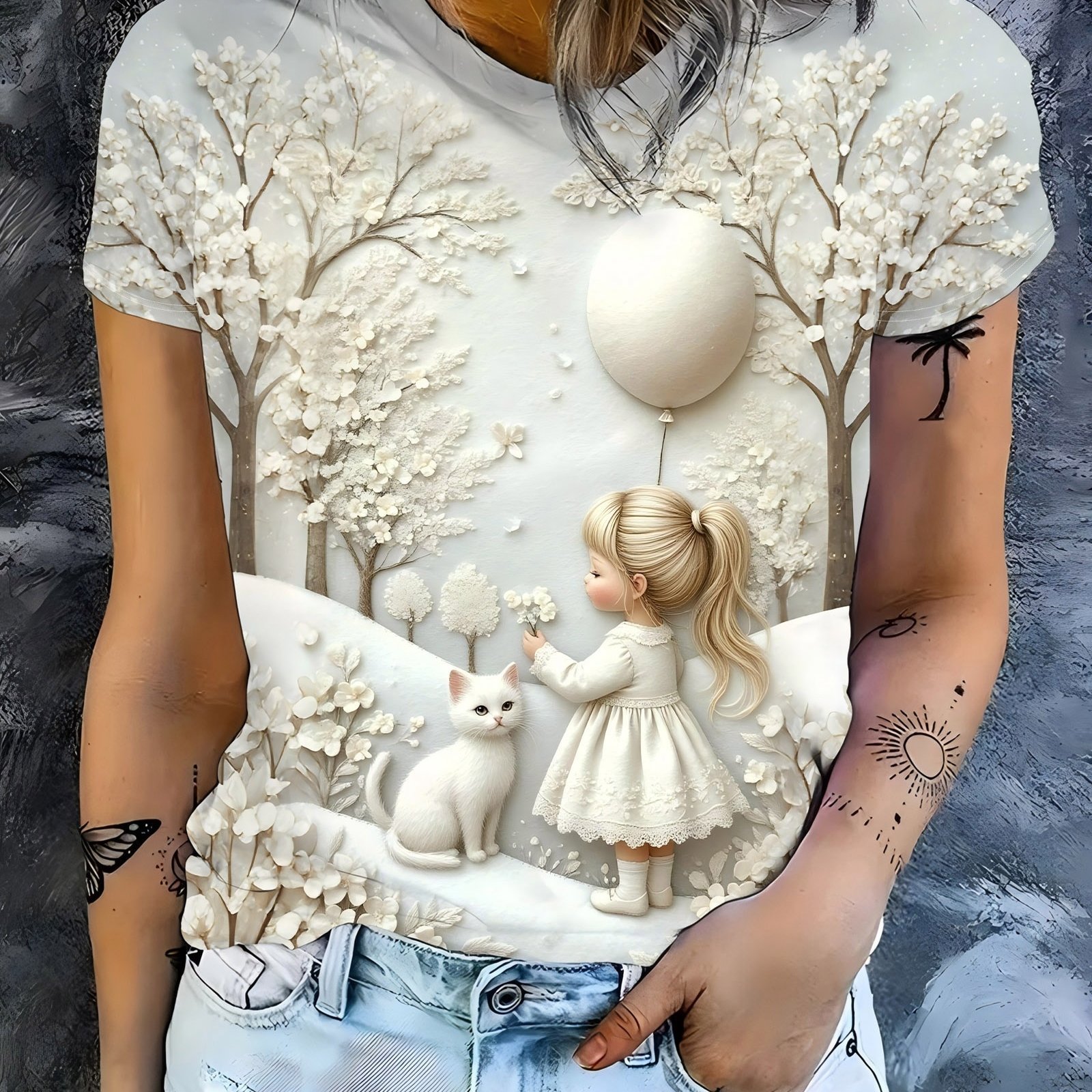 TEMU Cute And Little White Cat Pattern Print Design, Elegant Round Neck T-shirt For Women, Fashionable Top For Women, Spring And Summer Tops