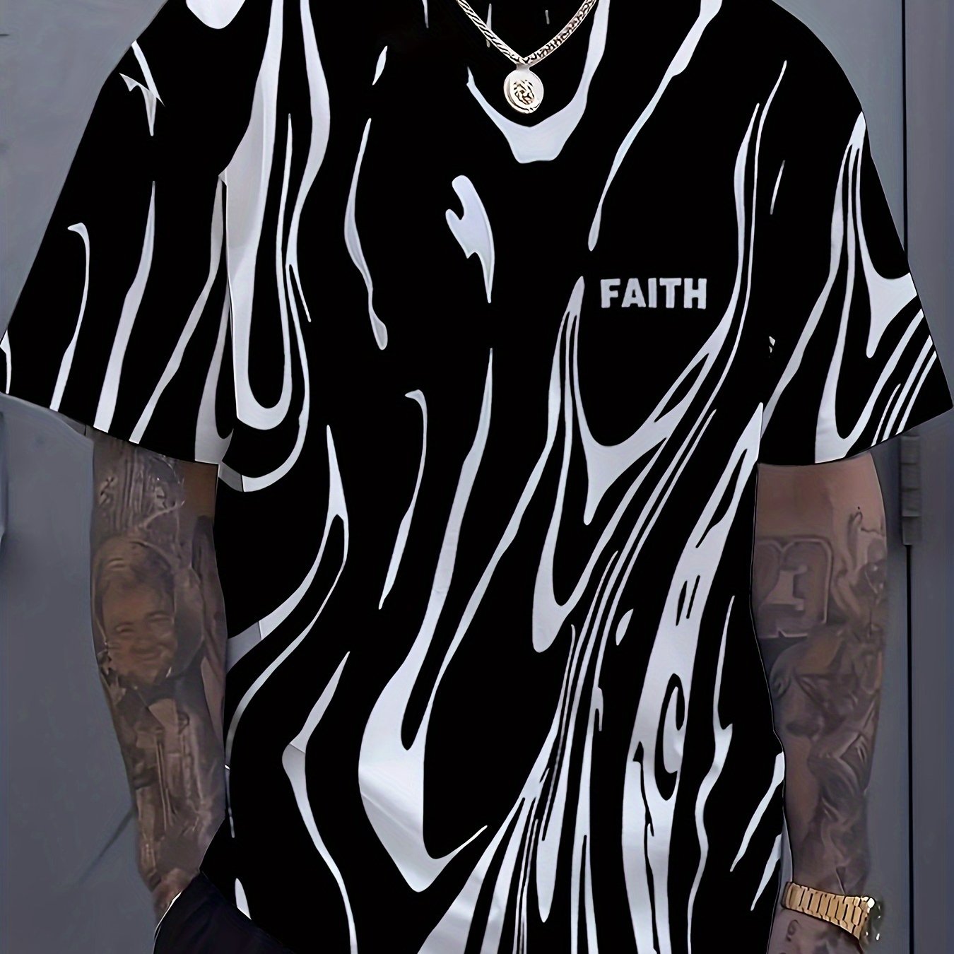 TEMU Men's Summer Casual Round Neck T-shirt With Irregular Water Wave Pattern, Regular Fit, A Stylish For Adults, Making It A Perfect Gift