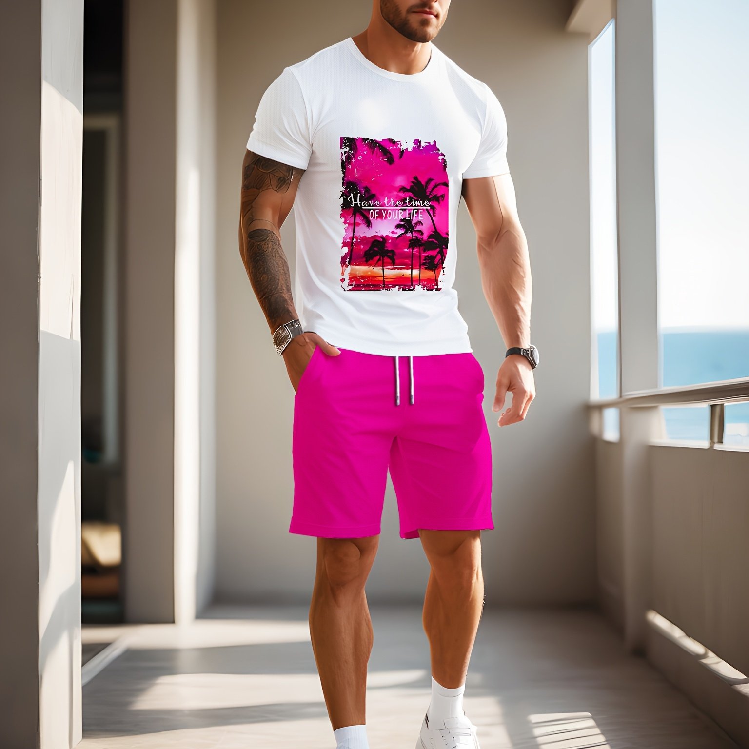 TEMU [printed Design Not Textured] Men's Plus-size Color-block Short-sleeve Beach Set With Central Sunset And Coconut Tree Illustration As Key