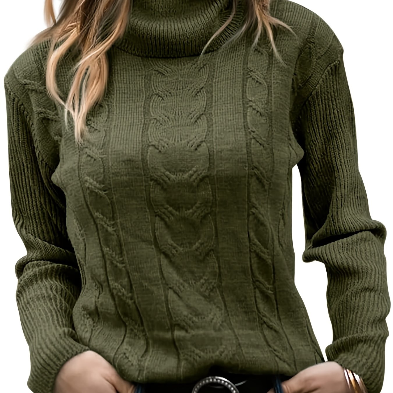 Ladies' Turtleneck Sweater, Featuring A Cable Design, Stylish Long Sleeves, Relaxed Fit, Thick, Casual Wear, And A Soft Jumper