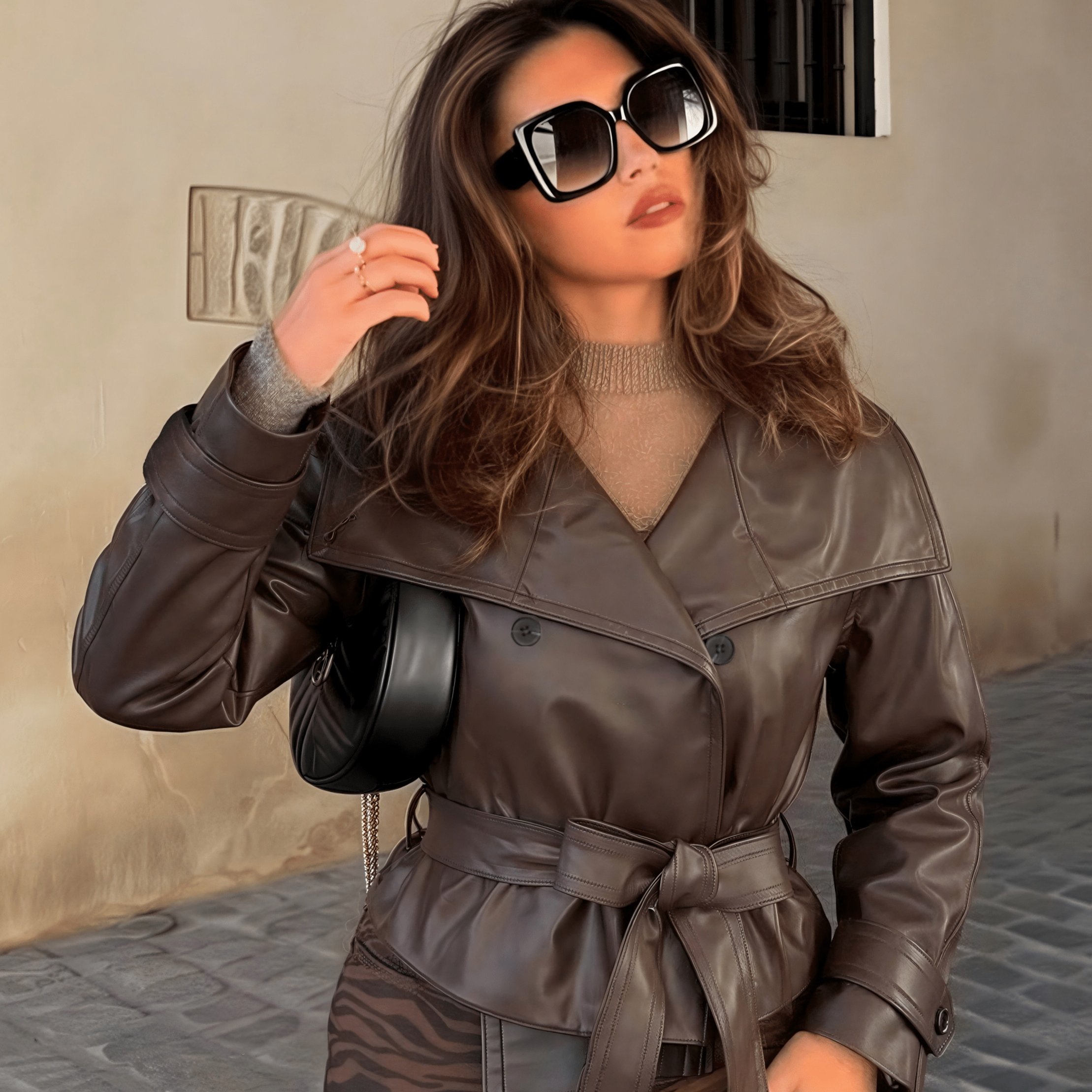TEMU Women's Vintage Turn- Collar Long-sleeve Minimalist Loose Jacket, Women's Fashion New Jacket, Autumn Solid Color Long-sleeve Vintage Pu Jacket