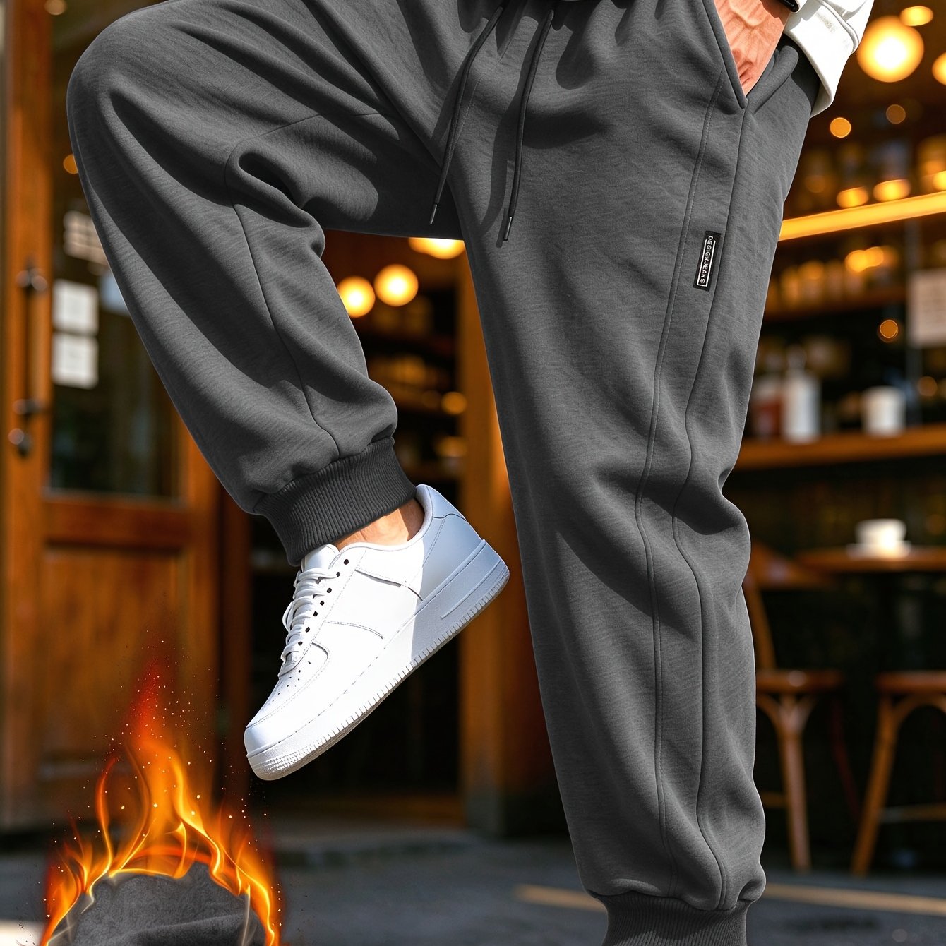 TEMU 1pc Men's Autumn/winter Thickened Sweatpants With Side Label Decoration, Loose Stretchy Athletic Long Pants, Elastic Waist Drawstring Commuter