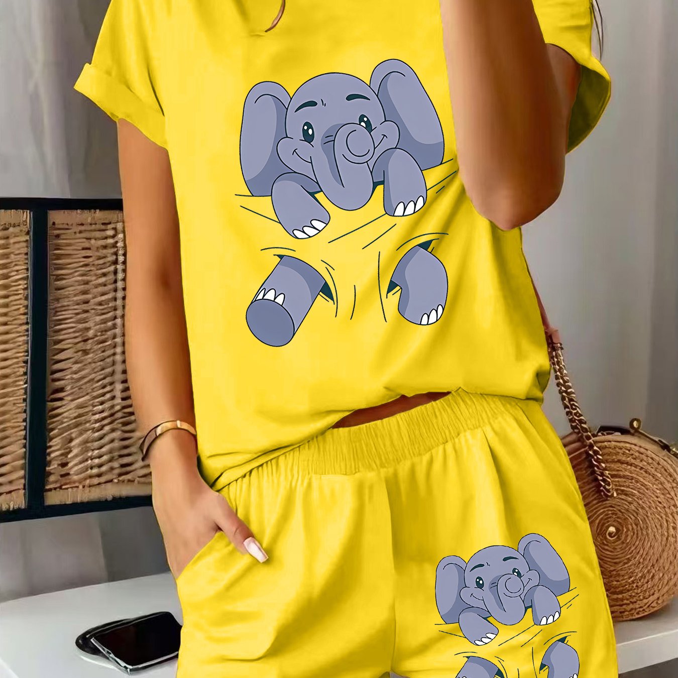TEMU 2pcs Women's Spring Summer Short Sleeve Pajamas & Matching Shorts - Cute Elephant Print Sleepwear, Pajama Set For Gym, Jogging, Valentine's