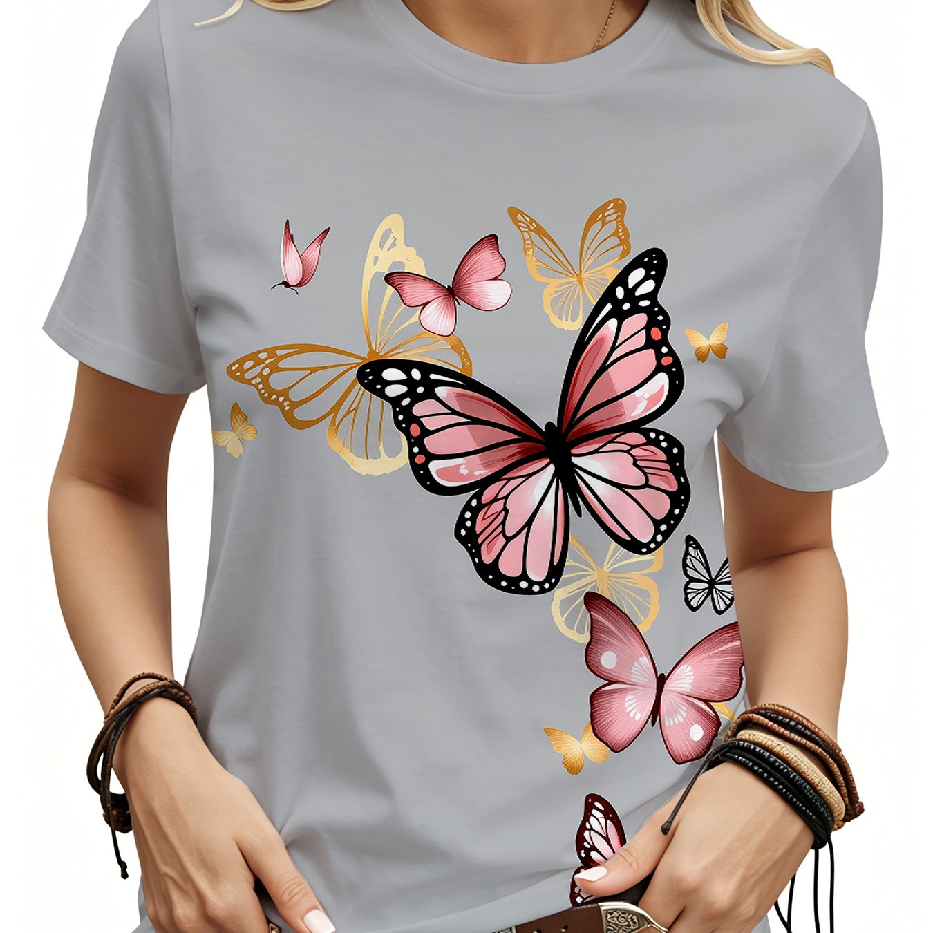 TEMU New Summer Women's Pink Pattern Round Neck Top, Casual Short Sleeve T-shirt
