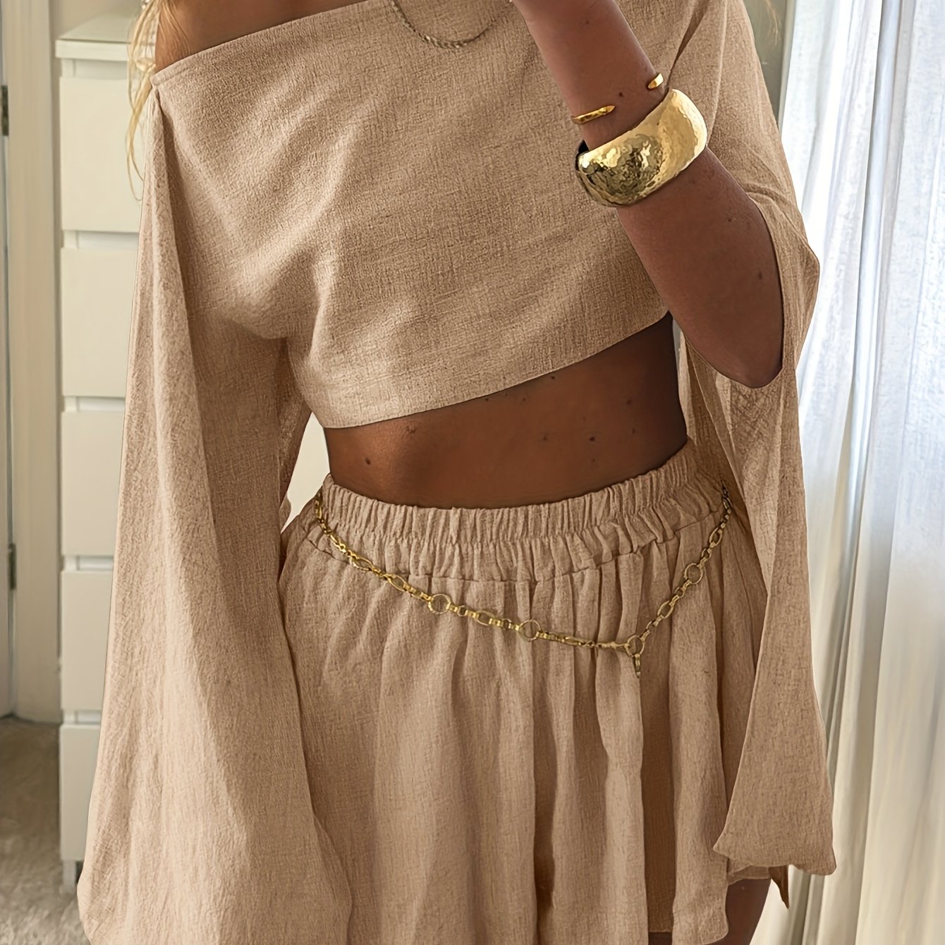 TEMU Ladies' Spring And Summer Short Two-piece Set In Solid Color, -shoulder Loose Long-sleeve Crop Top With Elastic Waistband Shorts, Casual