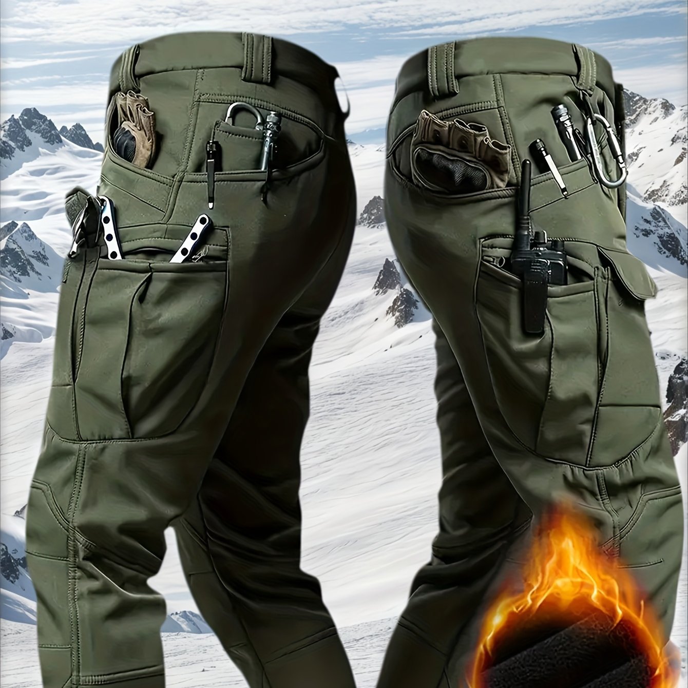 TEMU 1pack Men's Fleece-lined Work Pants - Thick, Tactical, Multi-, Ideal For Winter Outdoor Activities, Regular Fit For Hiking, Outdoor Casual Wear,